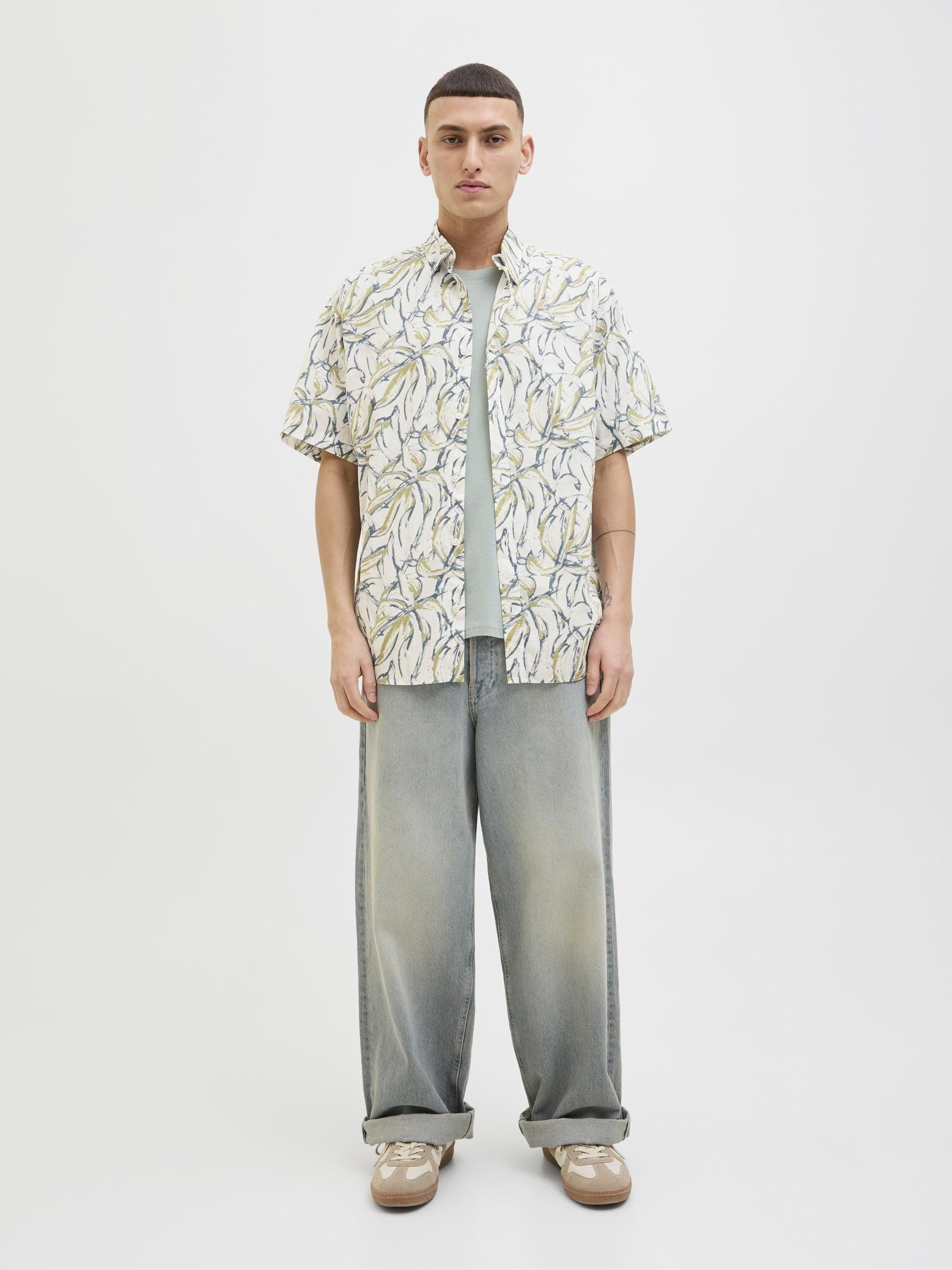 JACK & JONES Jorjoshua Split Aop Shirt Ss męska, Cloud Dancer, M