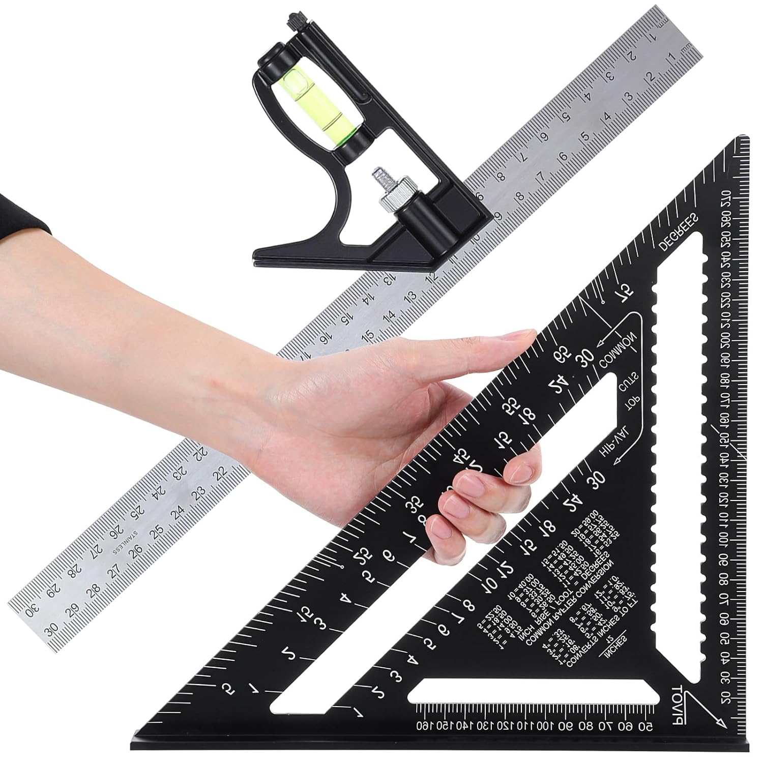 2-Piece Framing Square 12 Inch and Combination Square Set, Aluminum Alloy Triangle Ruler Tool for Woodworking, Carpentry, and Layout(Black)