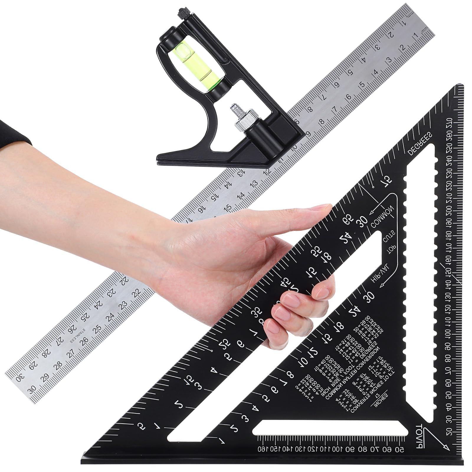 2-częściowy zestaw kwadratowych ram 30 cm i kombinowany kwadratowy, trójkątna linijka ze stopu aluminium do obróbki drewna, stolarki i układu (czarna)