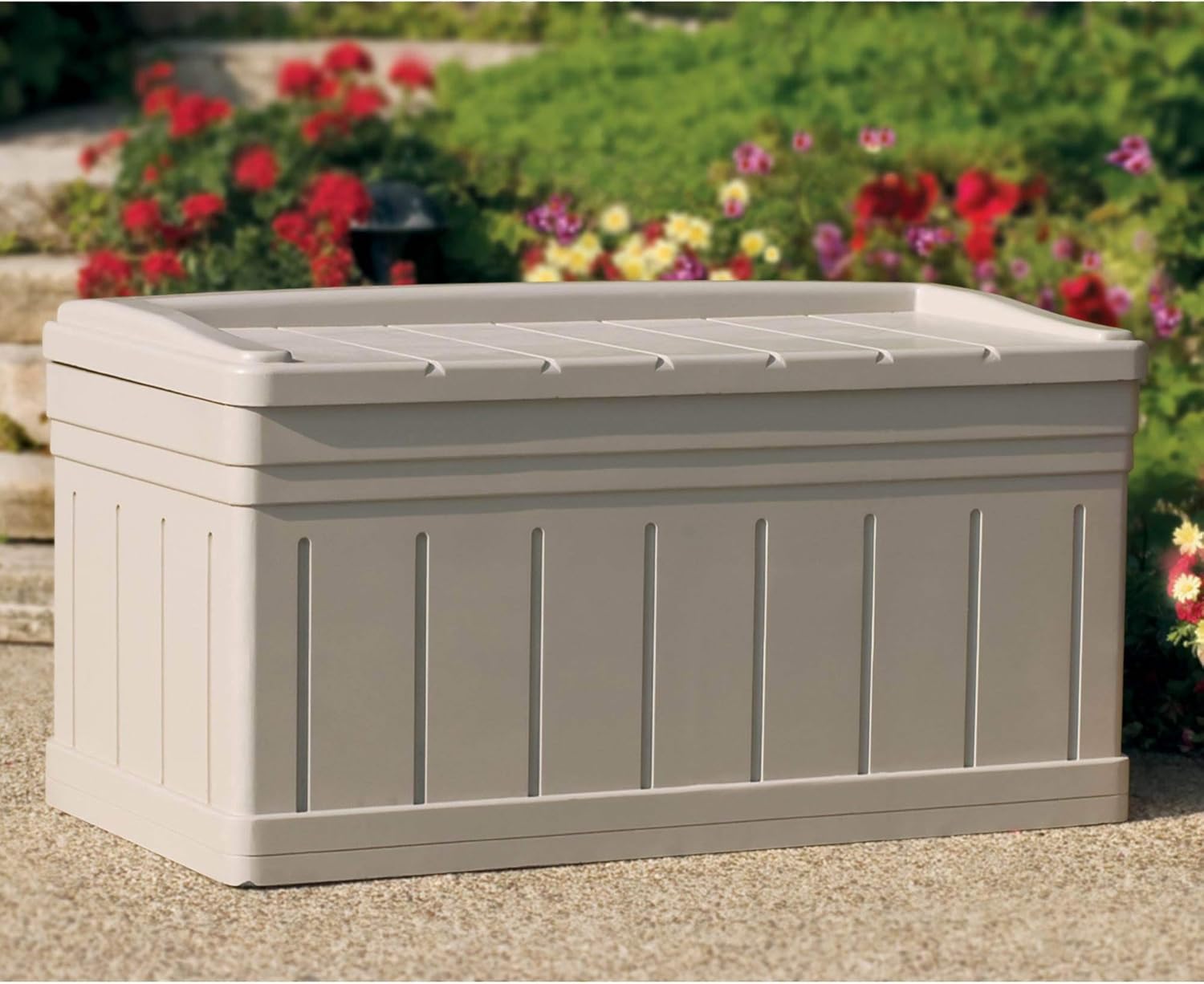 Suncast DB9750 129 Gallon Large Waterproof Outdoor Storage Container for Patio Furniture, Pools Toys, Yard Tools Extended Deck Box, H27 1/2, w/Lid and Seat, Taupe : Patio Storage Box : Patio, Lawn & Garden