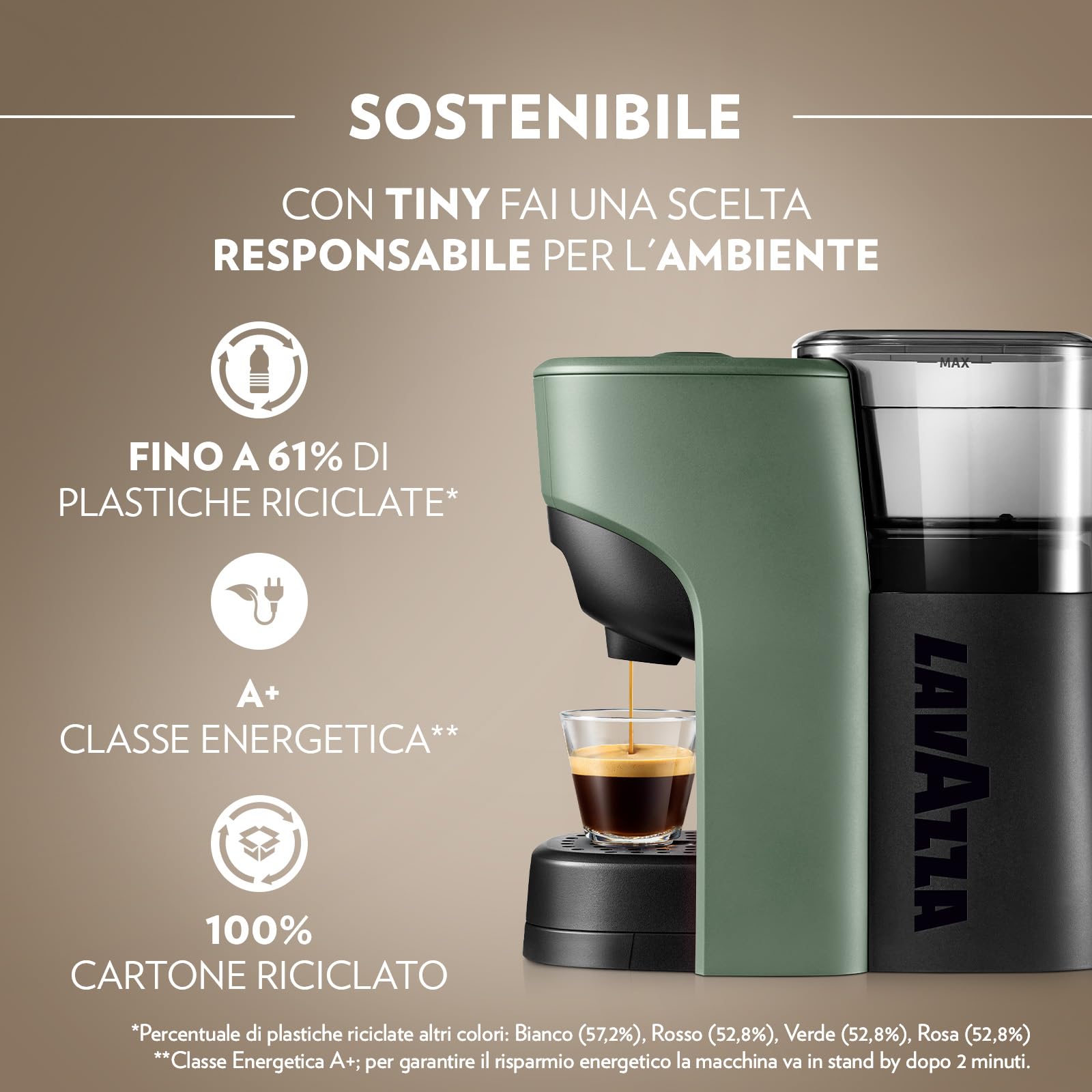 Lavazza, A Modo Mio Machine à café Tiny Eco Vert avec 64 capsules ¡Tierra! Assorties, Machine à expresso en plastique recyclé, 1450 W, 220-240 V, 50/60 Hz, 0,6 litre