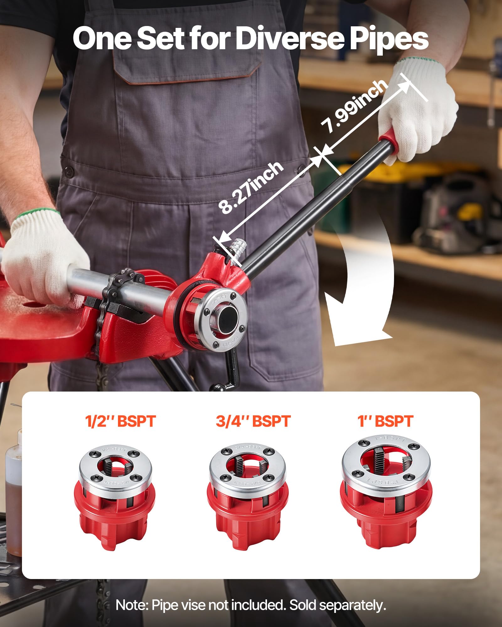 VEVOR Gewindeschneidkluppensatz mit 3 Schneidköpfen, Manueller Rohrgewindeschneider mit 1/2 bis 1 Zoll BSPT Schneidkluppen, Hand-Gewindeschneidwerkzeug mit Kasten für Sanitärinstallation Reparatur