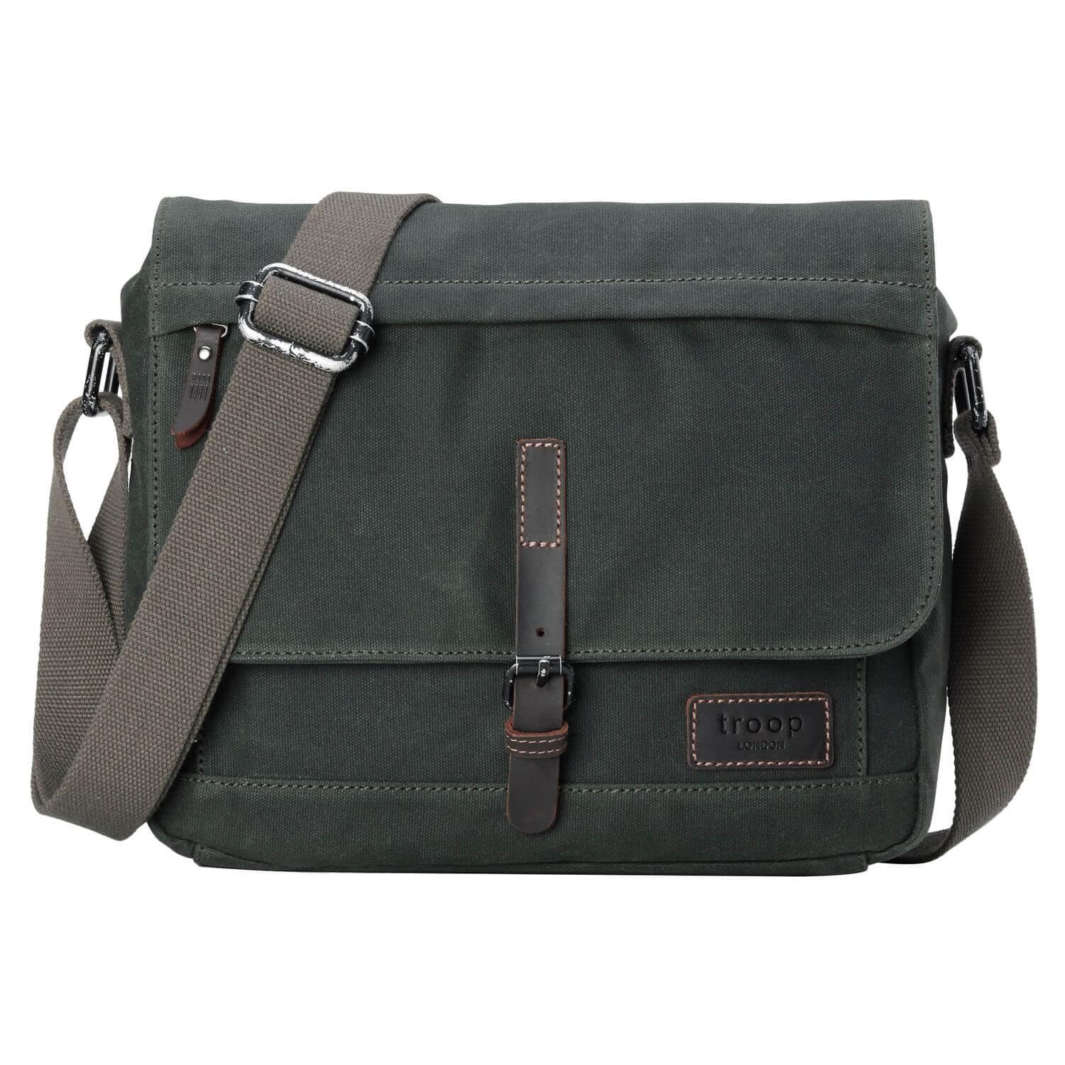 Troop London TRP0443 Heritage Canvas Leather Messenger Bag, Travel Bag, Tablet Friendly - Dark Green