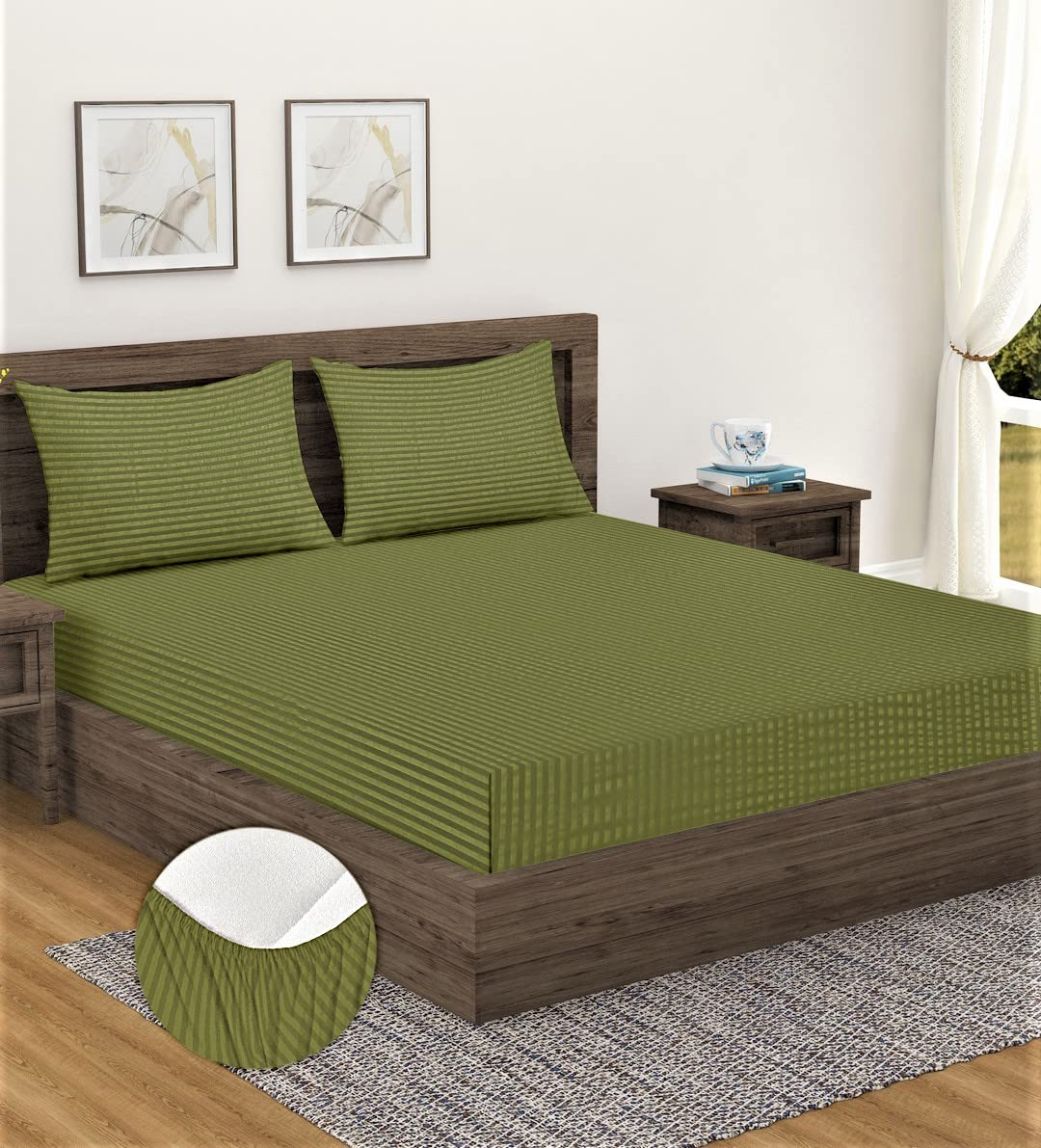 Home Sizzler 210TC Microfibre Green Satin Striped Elastic Fitted Double Bedsheet with 2 King Size Pillow Covers, Fit for Mattress: 72"X75" & 72"X78" (B0D986BJQ7) Amazon Price History, Amazon Price Tracker
