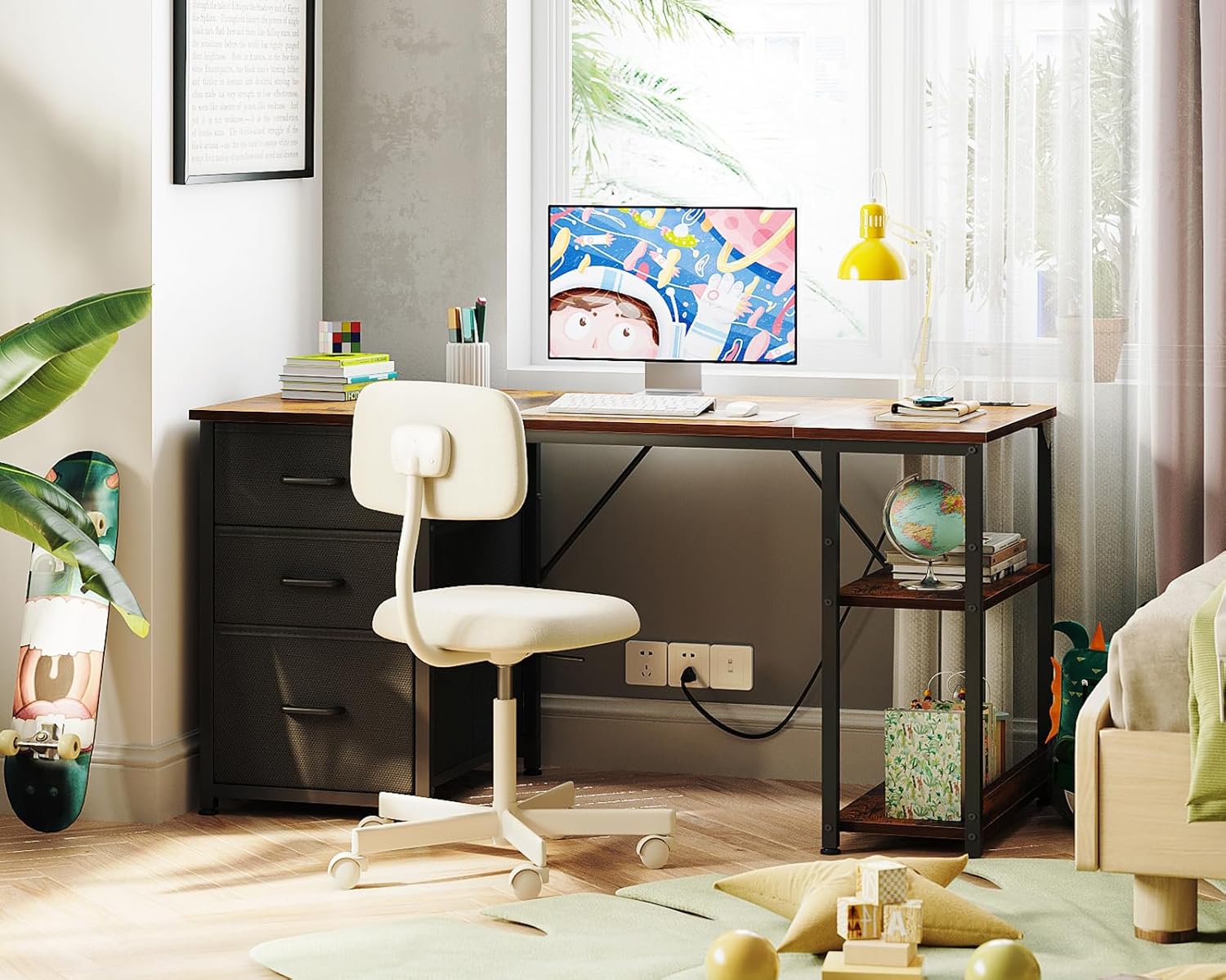 AODK 51 Inch Computer Desk with Fabric Drawers & USB Power Outlets, Reversible Home Office Desk with Storage Shelves, Work from Home, Modern Work/Writing/Study Table for Bedroom, Vintage