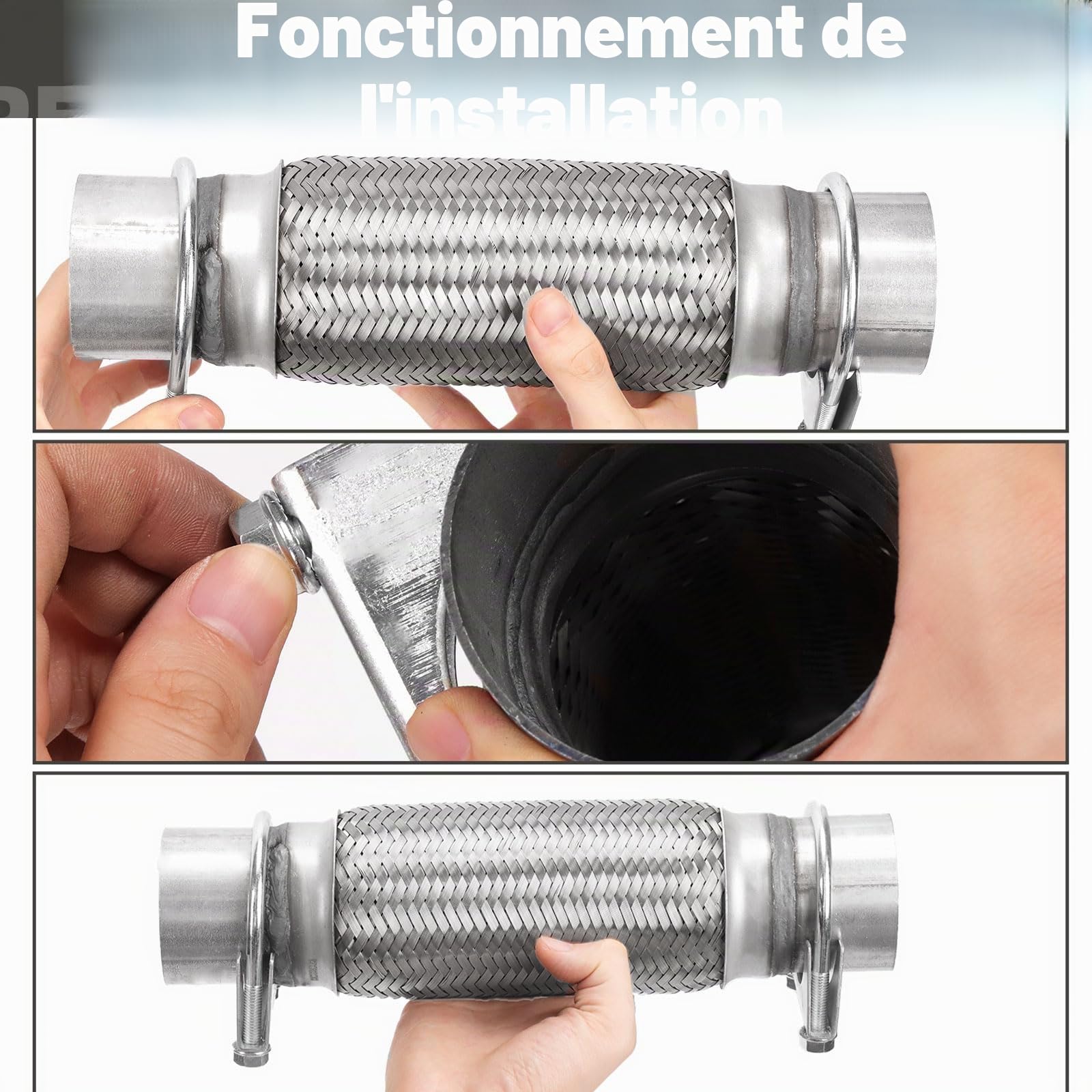 Lot de 3 tuyaux d'échappement flexibles en acier inoxydable - Double tresse - Colliers de serrage en U - Pour voitures, camions, bus (6,3 x 15,2 x 25,4 cm)