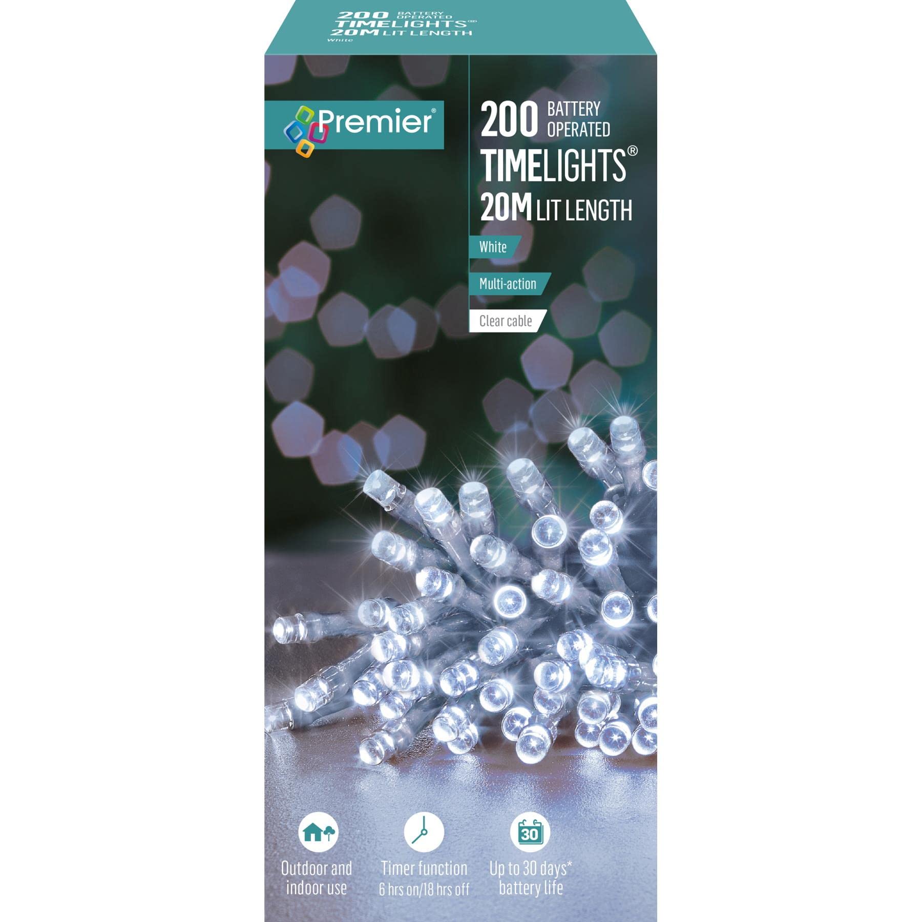 Premier 200 Led 20M 8 Function Battery Christmas Timer Lights In Cool White