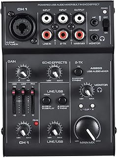 AGE03 5-Channel Mini Mic-Line Mixing Console Mixer with USB Audio Interface Built-in Echo Effect USB Powered for DJ Network Live Broadcast Karaoke