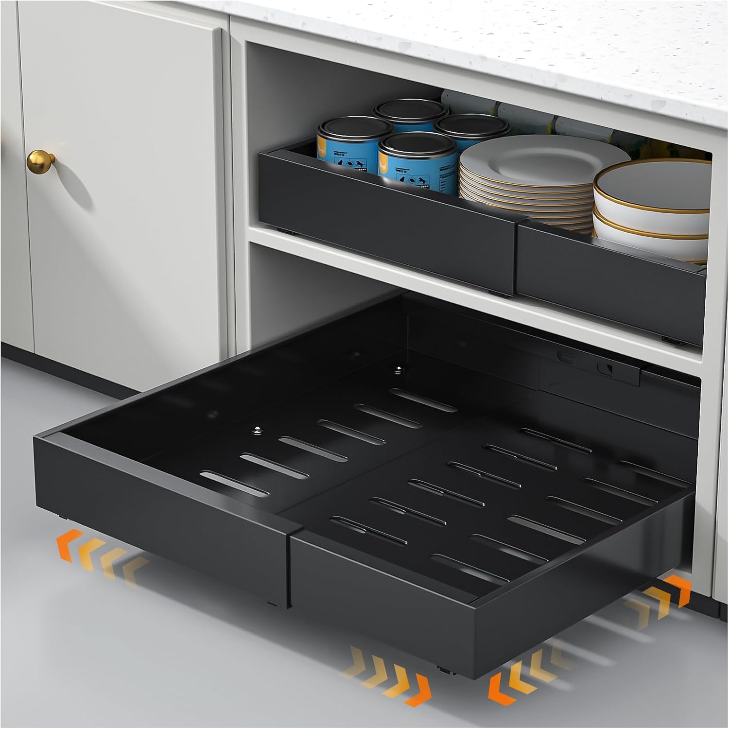 Expandable Pull Out Cabinet Organizer 16.5"Deep, 12.4-20.4" Slide Out Drawers for Kitchen Cabinet,Adjustable Cabinet Drawer for Pot/Pan,Pull Out Shelves Fixed with Adhesive Film or Screws(black)