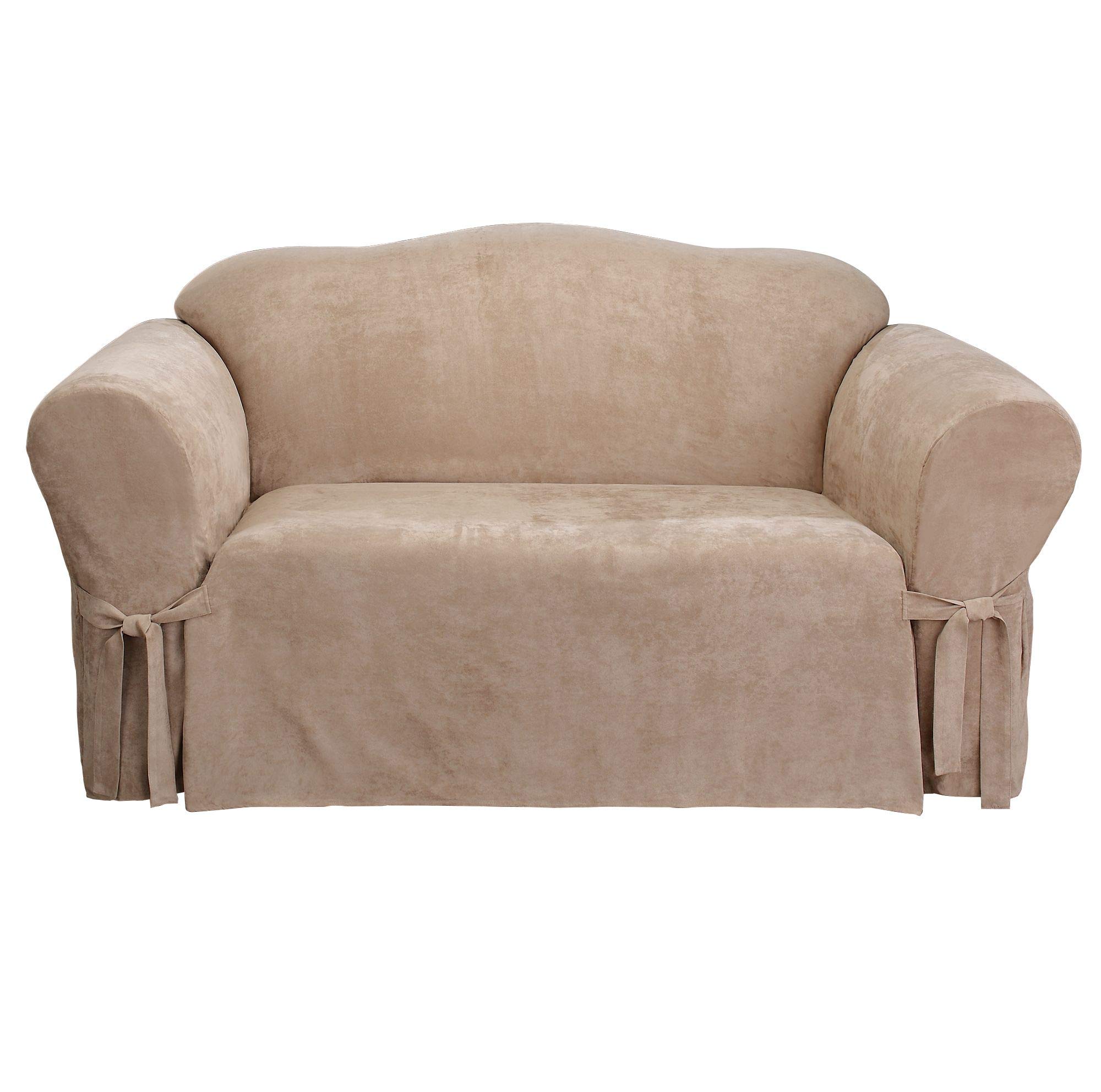 SureFit Soft Suede 1 Piece Box Loveseat Slipcover in Taupe
