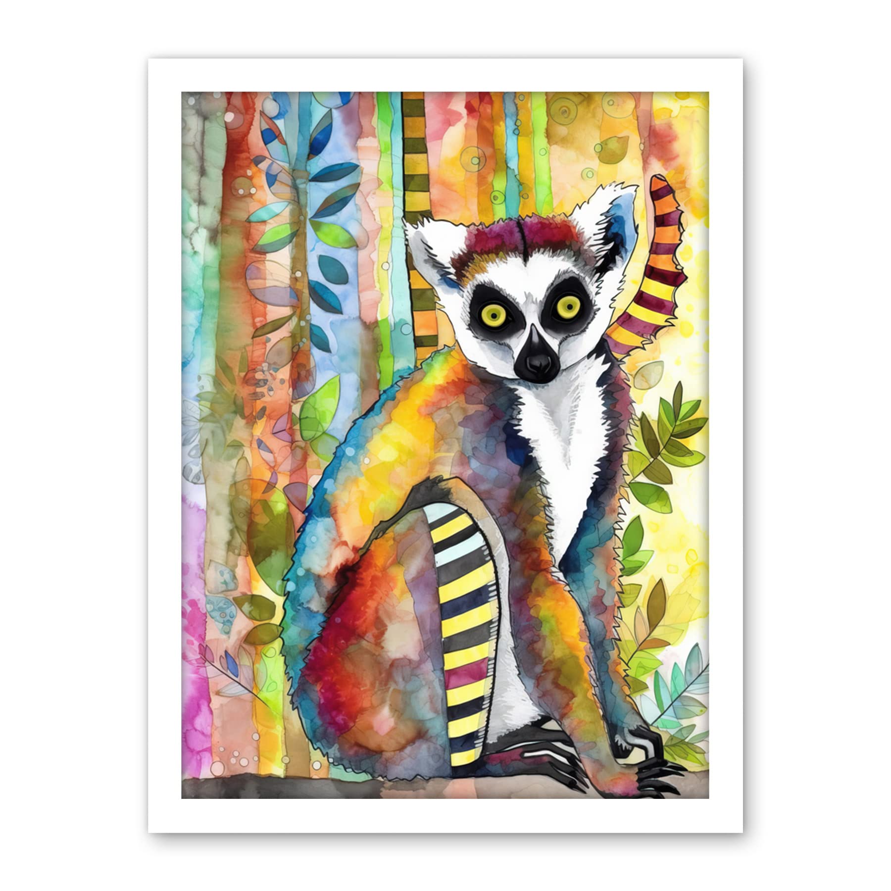 Artery8 Lemur Vibrant Portrait Folk Art Watercolour Painting Artwork Framed Wall Art Print 18X24 Inch