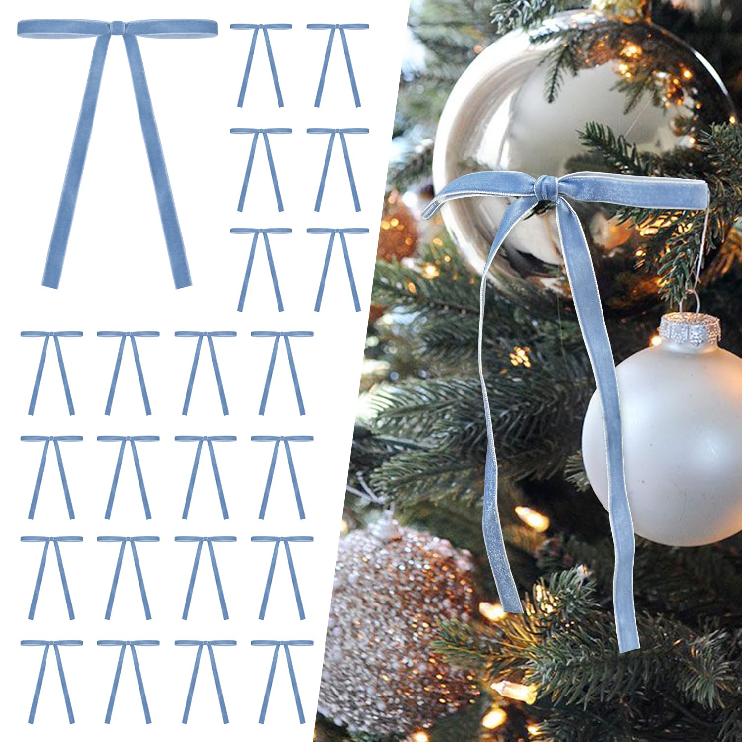 SIMISI RIBBON 24 Pcs Light Blue Velvet Christmas Tree Bows Door Garland Decor Vintage Wreath Bow (3/8'' Wide, 5 * 7 inch)