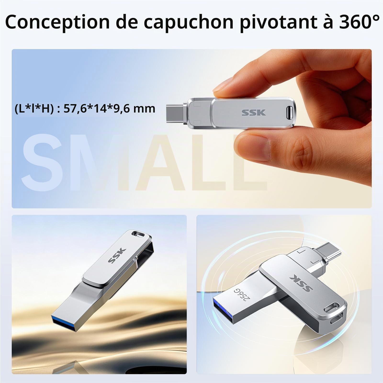 SSK 256 Go Clé USB Double Connecteurs, Clé USB C Flash Drive jusqu'à 220 Mo/s Type-C et USB-A Mémoire Stick pour iPhone 15/16/17Pro/Android OTG avec Étanche, Anti-poussière et Anti-Chute