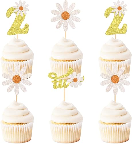 Paquete de 24 adornos para cupcakes de margaritas para 2 cumpleaños, decoración de fiesta de cumpleaños, estilo bohemio, Groovy Daisy para primer