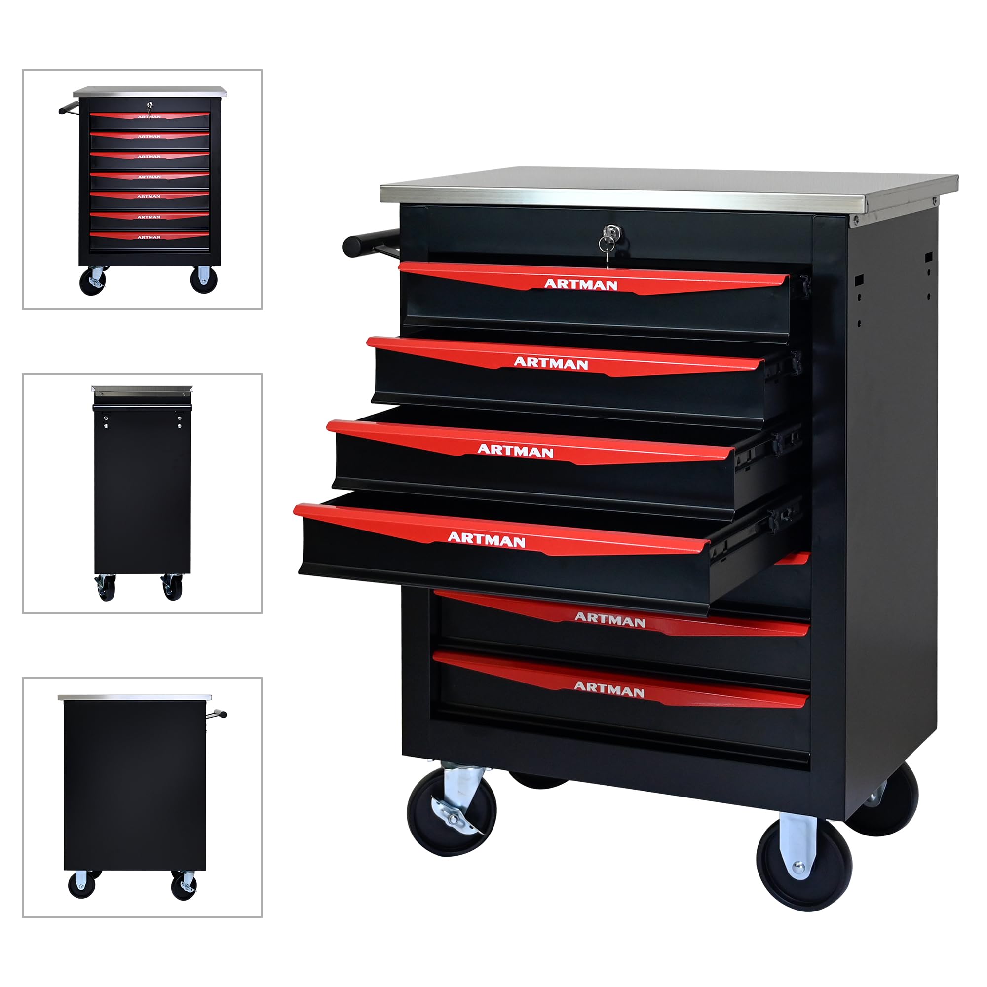 Generisch Carrello portautensili a 7 cassetti con 4 volanti e chiavi di sicurezza – Cassetti con cuscinetti a sfera, verniciatura a polvere per garage e officina, nero e rosso