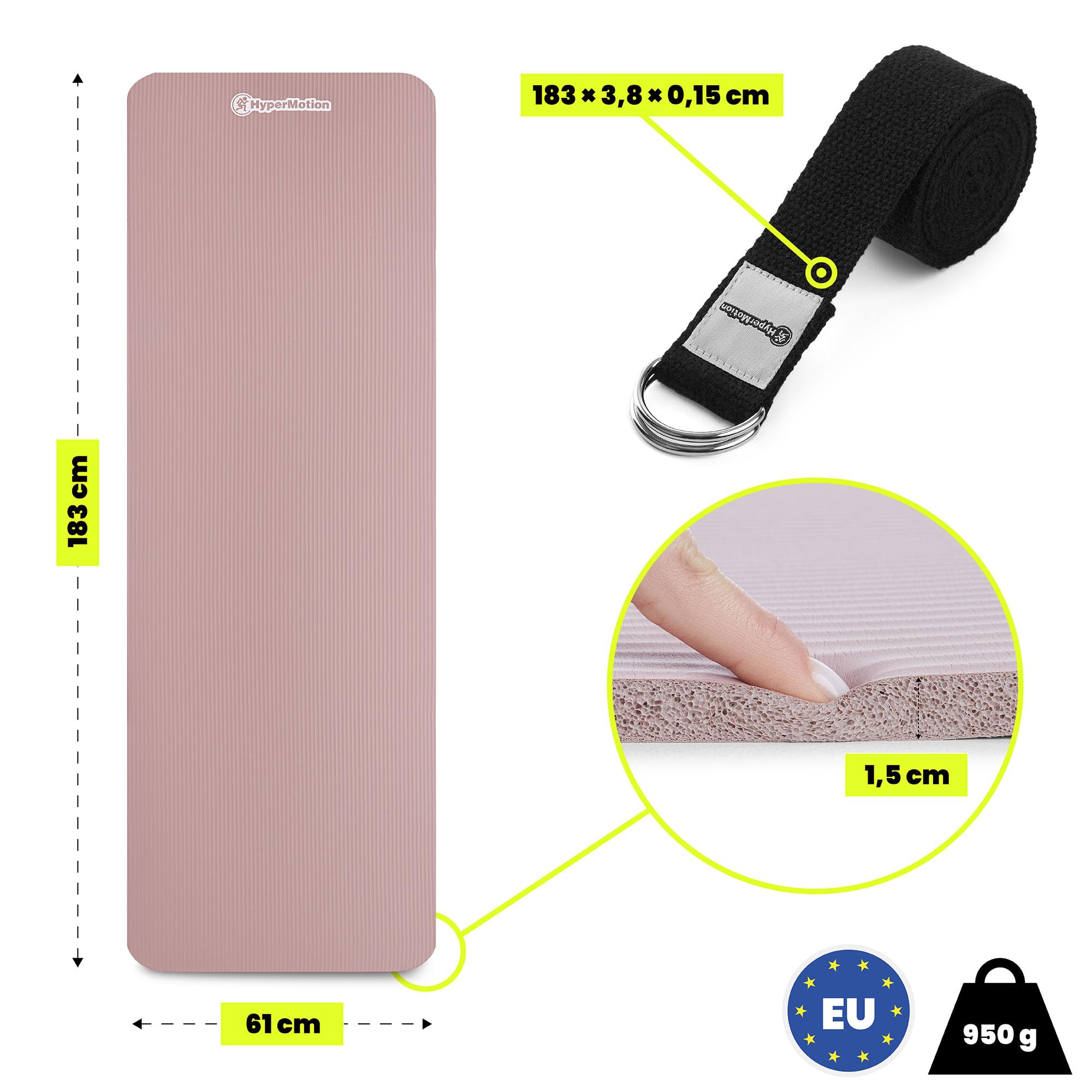 HyperMotion Mata do Ćwiczeń Fitness i Jogi NBR 183x61x1,5 cm Brudny Róż, Antypoślizgowa 15 mm, z Paskiem do Ćwiczeń i Przenoszenia, Gruba Mata do Jogi, Pilates i Stretchingu