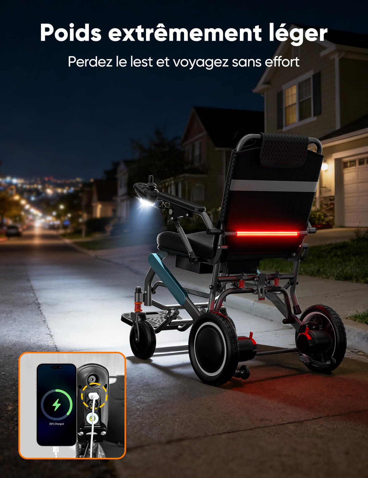 Fauteuil roulant électrique pliable – 15,8 kg, autonomie 20 km, frein électromagnétique, charge 125 kg. Idéal voyages & quotidien. Équipé de pneus caoutchouc 30 cm adaptés tous terrains.