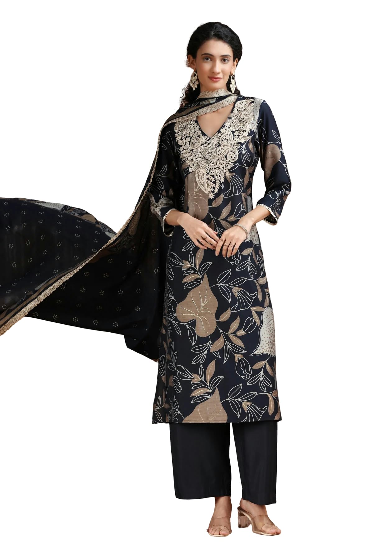 Navy Blue Floral Embroidered Straight Ethnic Set-image-17