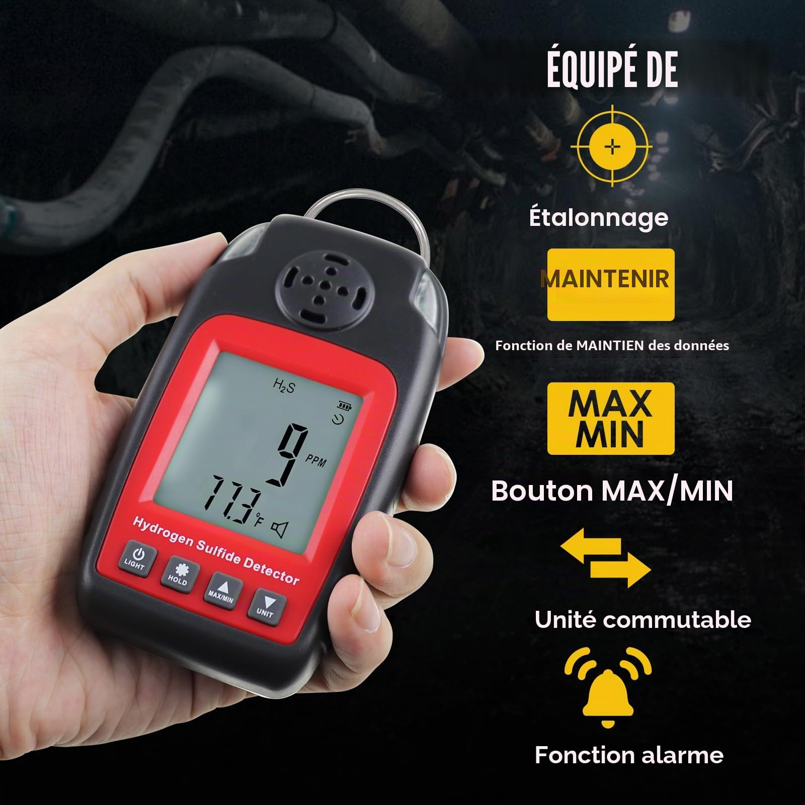 Détecteur de sulfure d'hydrogène Détecteurs de gaz et alarmes Électrochimique H2S H₂S Moniteur Compteur Capteur Alarme d'empoisonnement Écran LCD Rétroéclairage