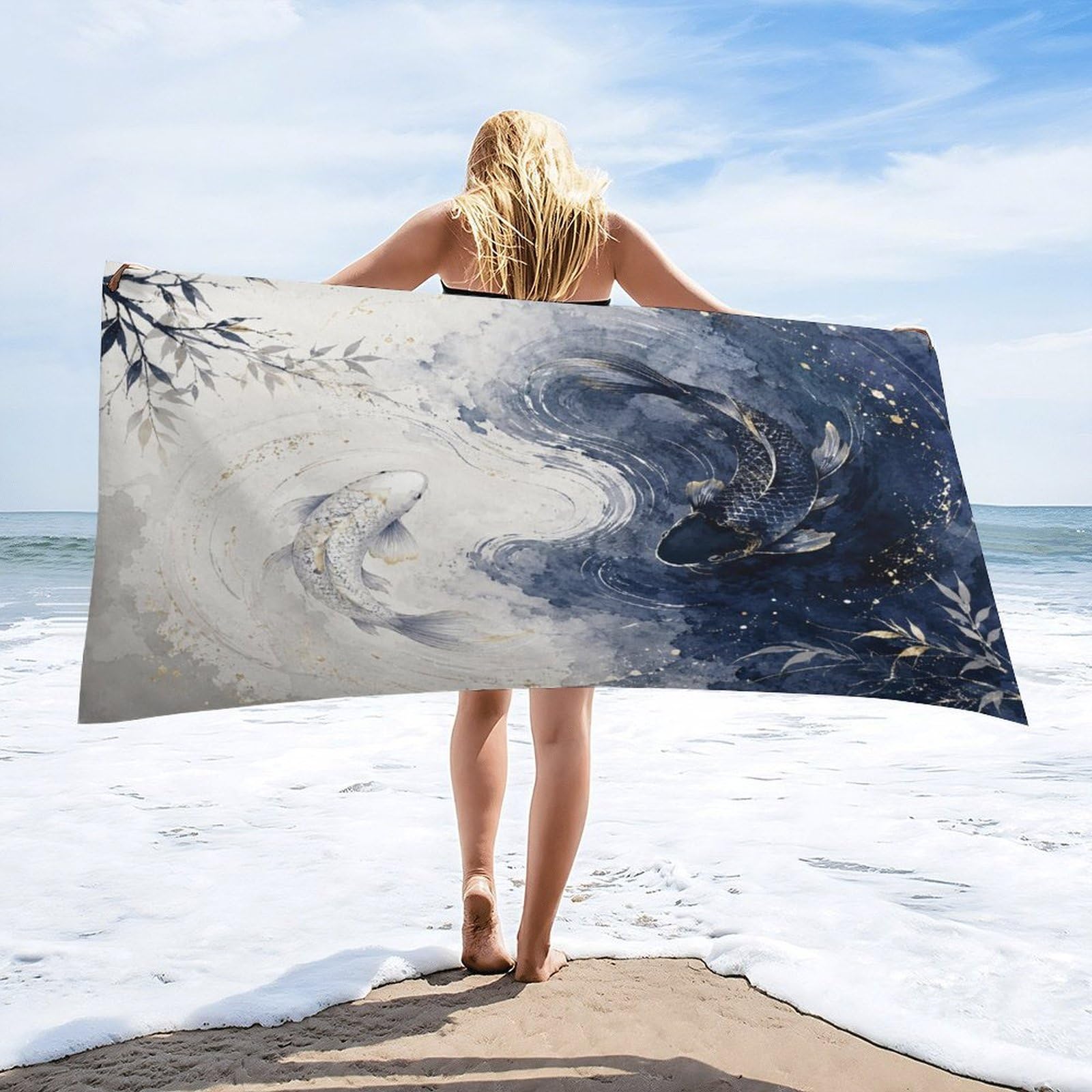 Anceky Koi Fish Yin Yang Watercolor Beach Towel 32"×63",Soft Microfiber Bath Towel Shawl, Quick Dry Absorbent Pool Spa Gym Shower Towel