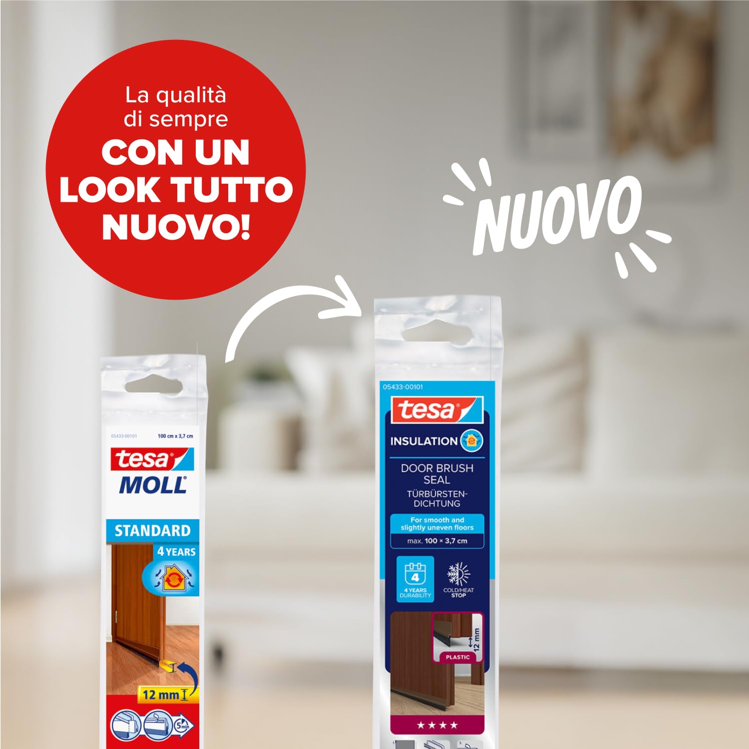 tesamoll Standard Paraspifferi a Spazzola - Guarnizione adesiva per porte - Adatta per isolare stanze con pavimenti lisci - Colore: Marrone - 100 cm x 3,7 cm