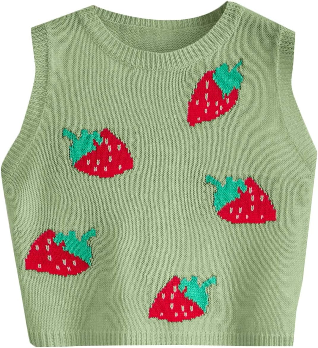 Floerns Women's Sleeveless Round Neck Cute Strawberry Sweater Vest Crop Shirt Top