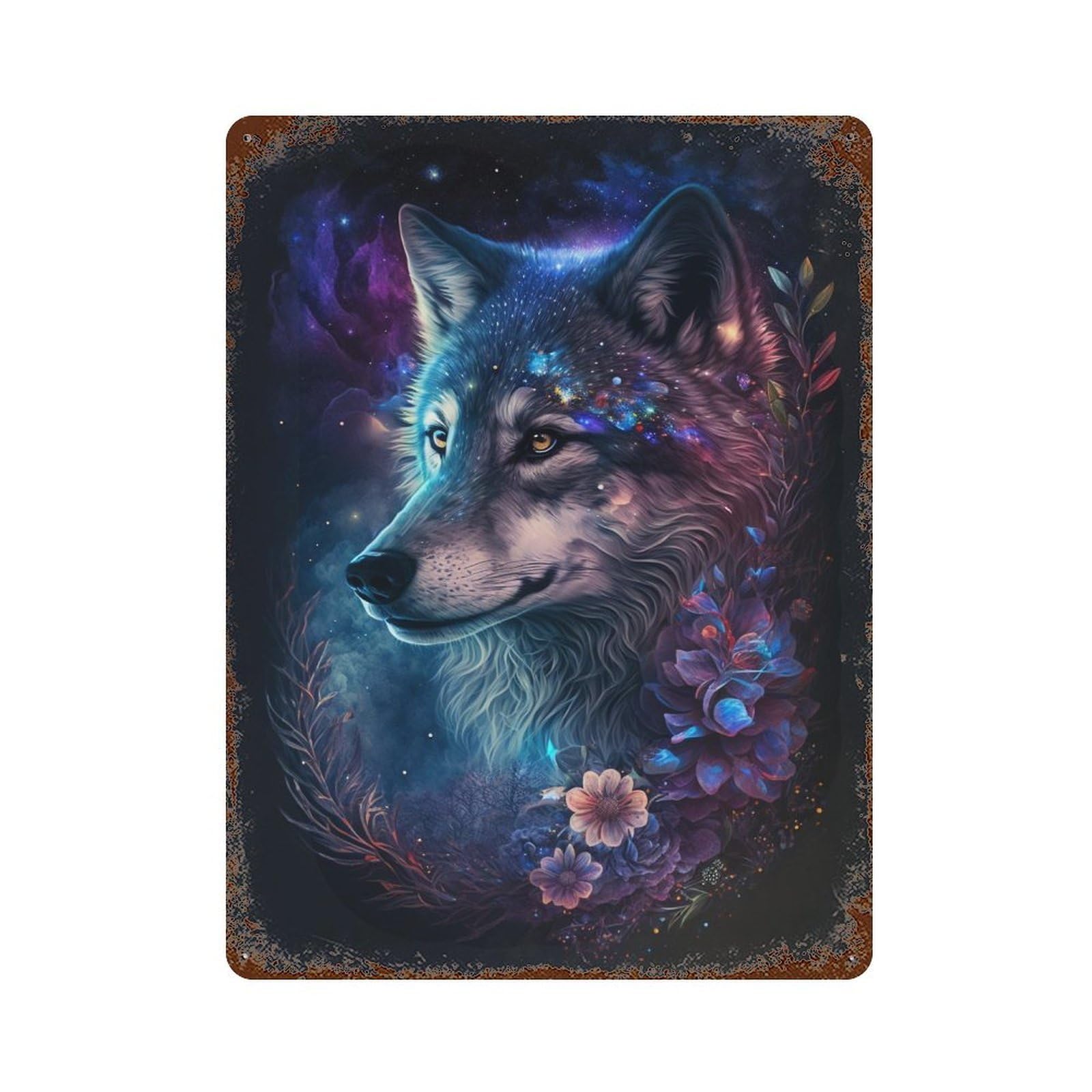 Garage Style Galactic Wolf Portrait Rusty Metal Tin Sign 15.7"x11.8", Decorative Metal Wall Art for Bar And Workshop