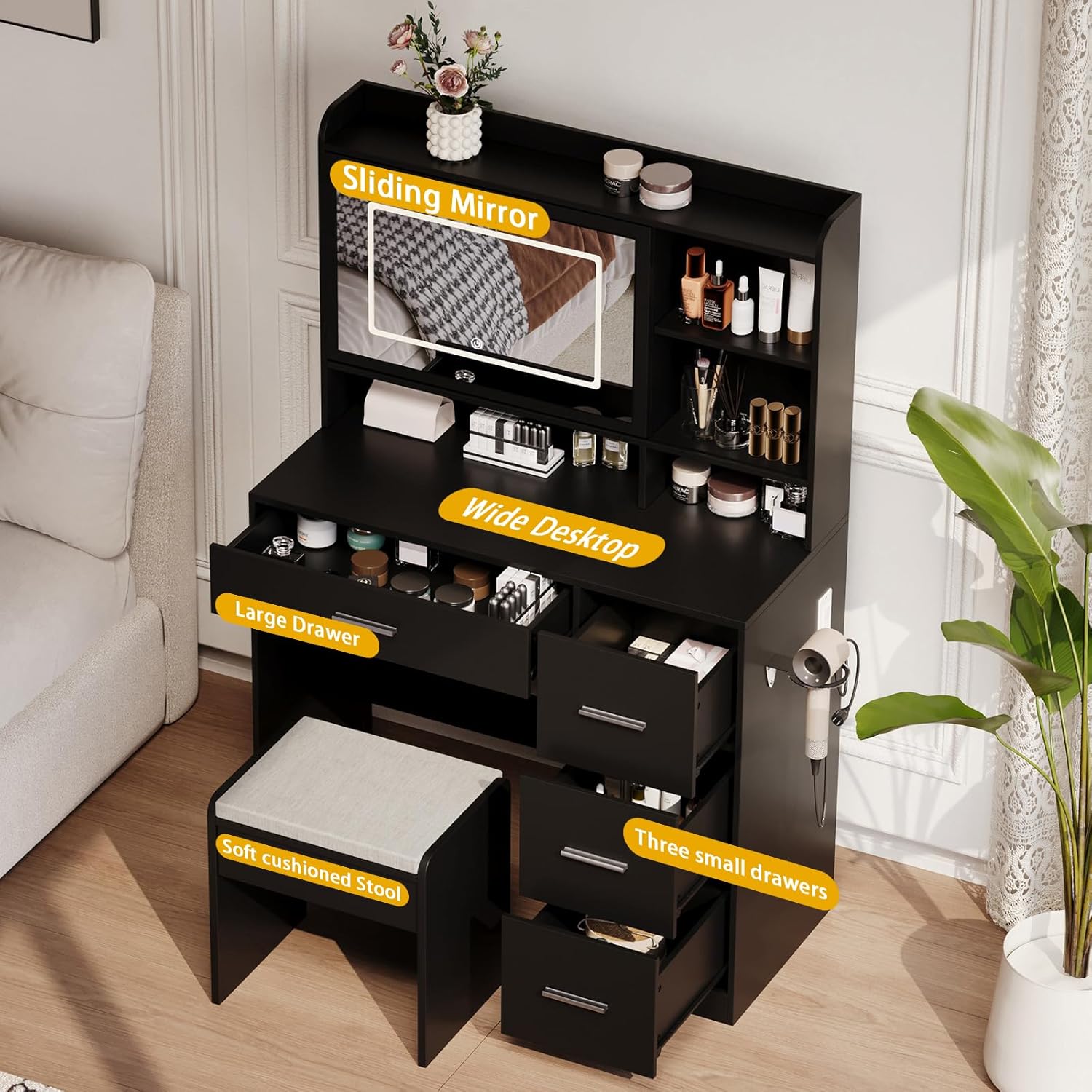 Viaozutis Vanity Desk with a Mirror and Lights?with Chair and Four Drawers, Three Adjustable Lighting Modes?with Power Outlet and Sliding LED Mirror,Bedroom Vanity Desk (Black)(incomplete box 2)