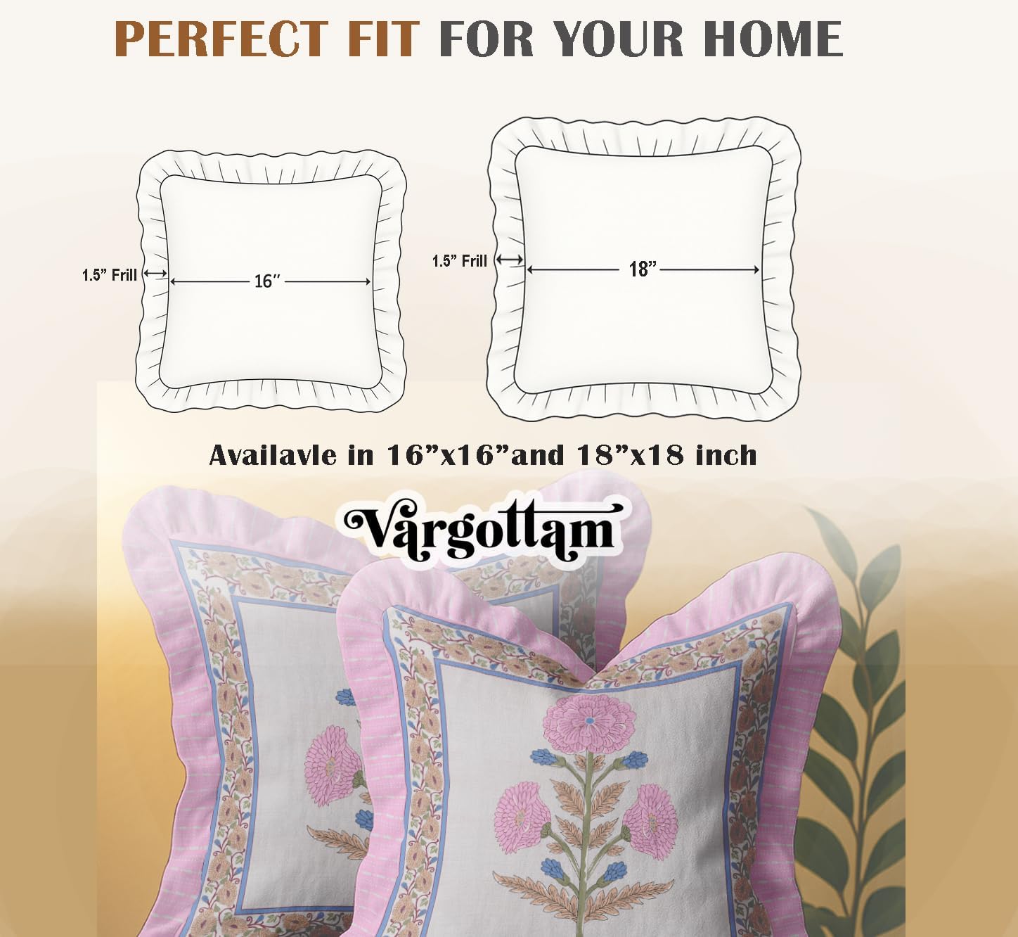 16x16 Cotton Cushion Covers Set of 2 - Double-Sided Printed Frill Pillow Covers with Zipper, Floral Print, Farmhouse Style, 100% Cotton Twill, No Filler