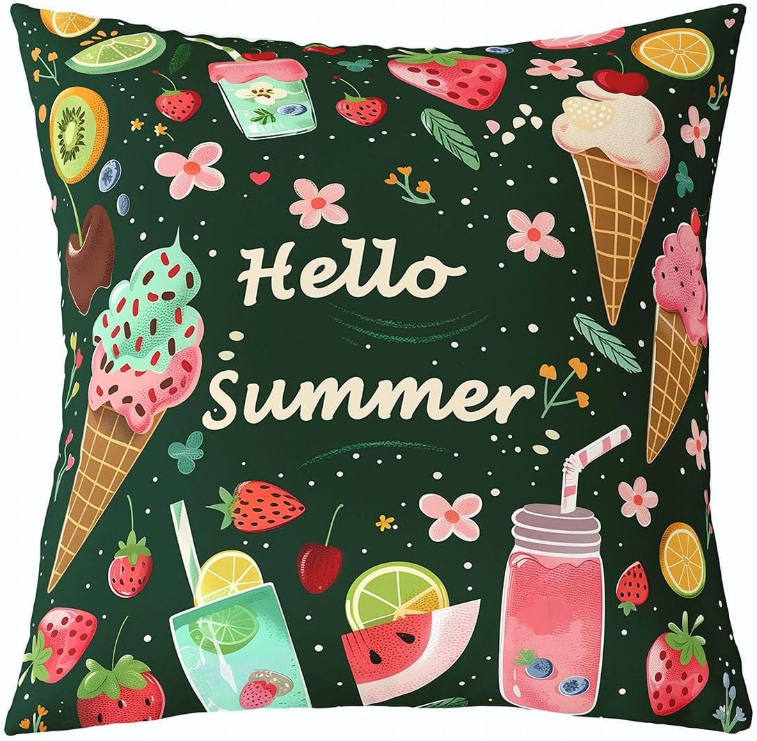 Cartoon Ice Cream Throw Pillow Cover Drink Cherry Floral Strawberry Double Sides Pillow Case for Kids Boys Girls Room Decor,Summer Fruit Cushion Cover for Bed Couch Sofa,Colorful 1 Pack 18"x18"