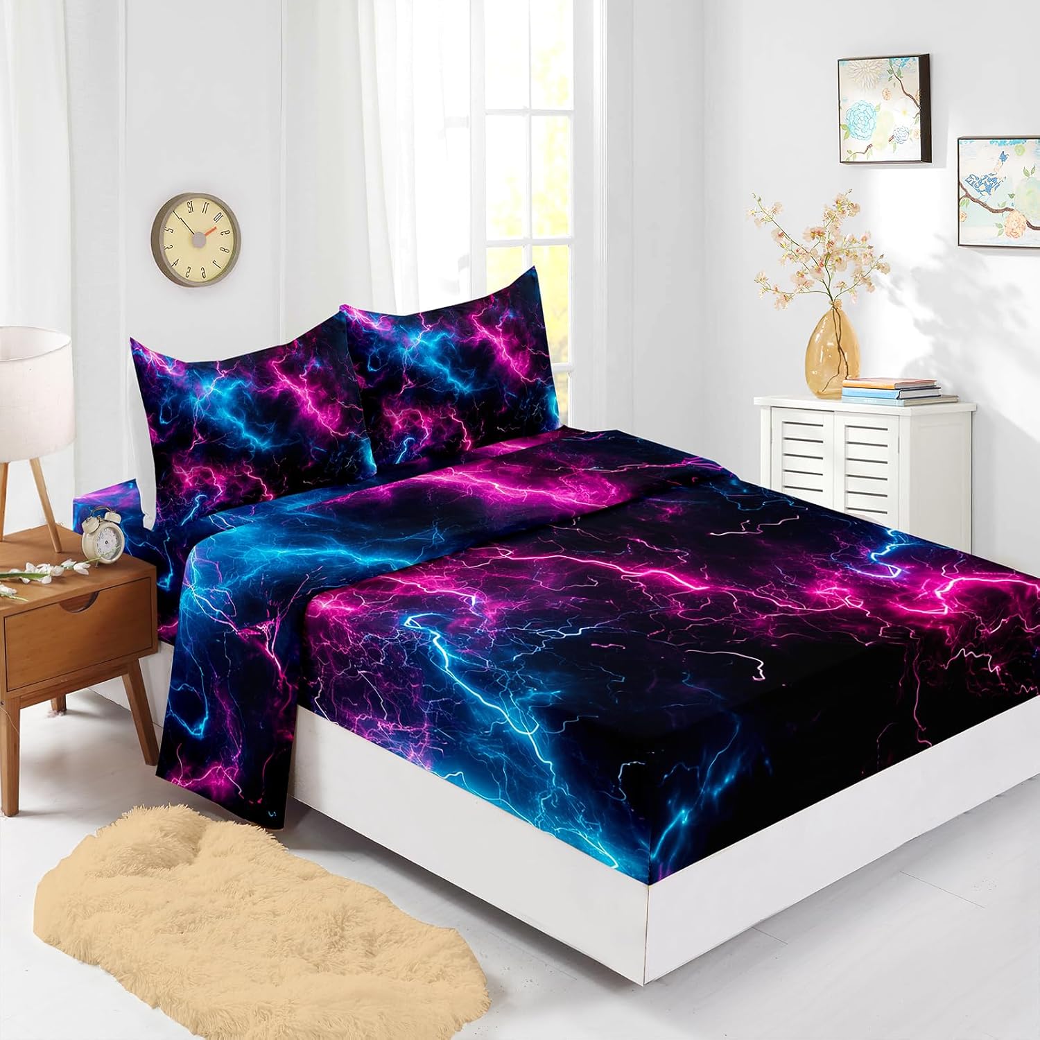 Geometric Blue and Pink 4 Pieces Bed Sheet Sets Full Size Lightning Bedding Sets with 16" Deep Pockets Honeycomb Bedroom Decor,Bedding Set 4 PCS(1 Fitted+1 Flat+2 Pillowcases)