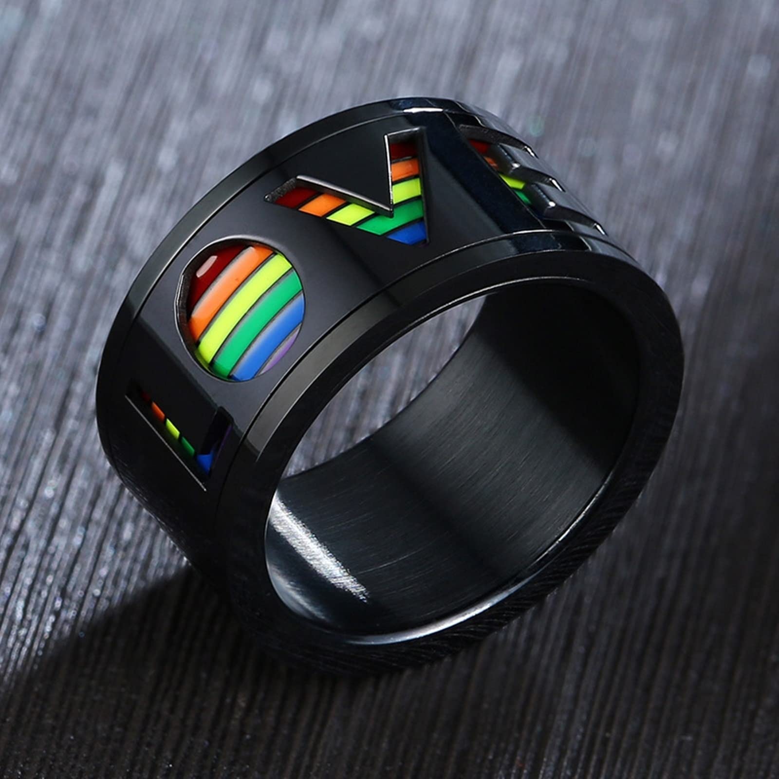 AmDxD Anillo de acero inoxidable, diseño de arcoíris Love, W59 & M56.5, Acero inoxidable, Sin piedras preciosas