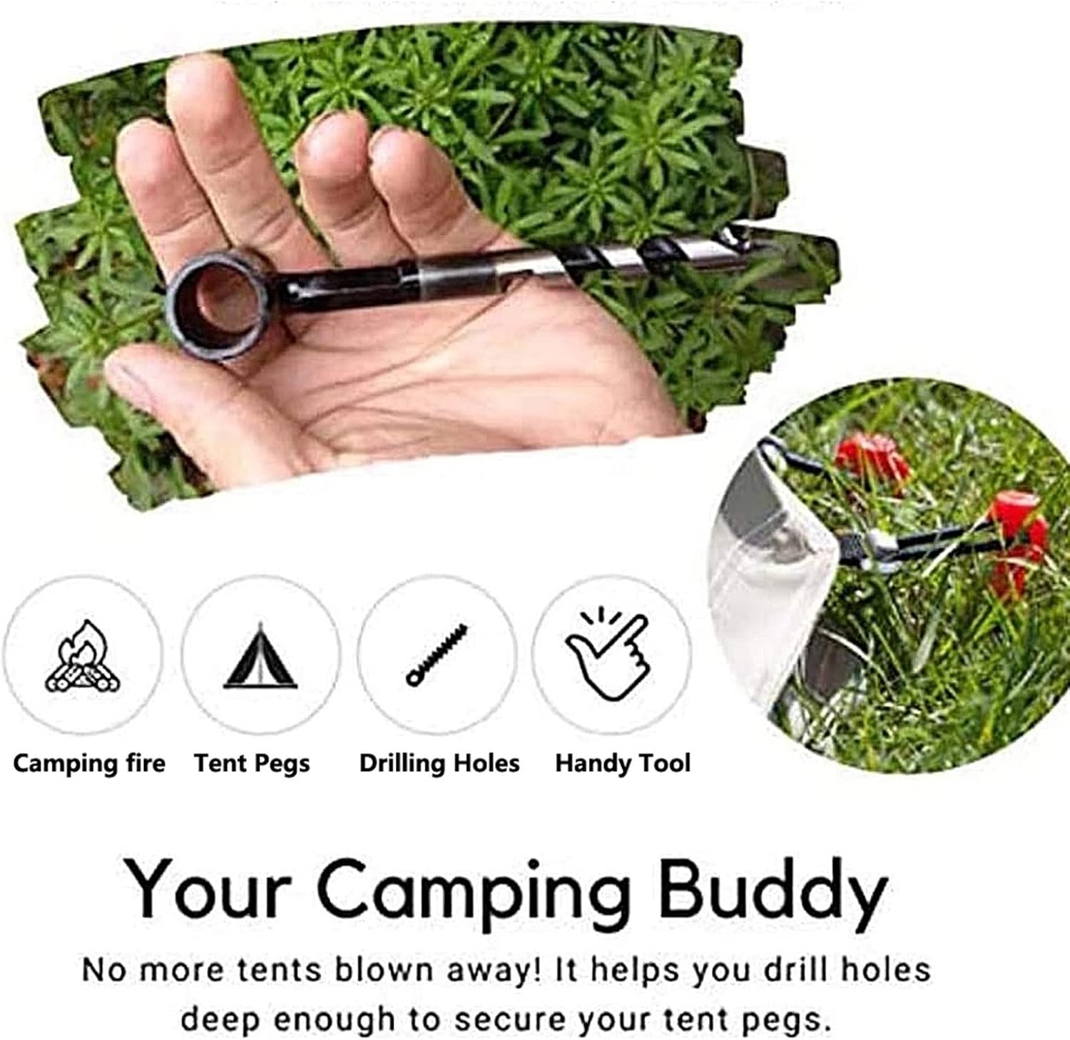 Multipurpose Manual Survival Drill Bit, with a Wooden Stick Hand Auger Woodworking Hole Saw Bit Fix The ​Tent Nails for Outdoor and Camping Perfect Addition Tool to Survival (0.98in)