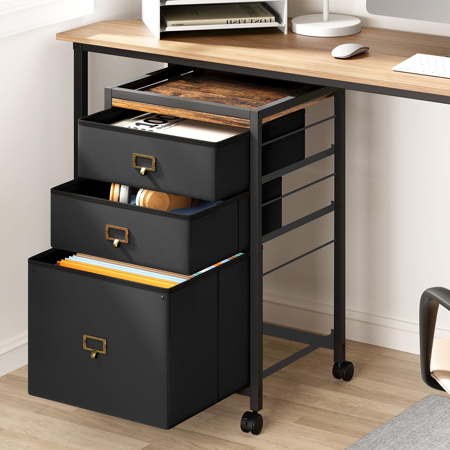 GarveeHome 3 Drawer File Cabinet, Mobile Filing Cabinet Fits Letter Size or A4, Fabric Vertical File on Wheels, Home Office Small Under Desk Storage, Black