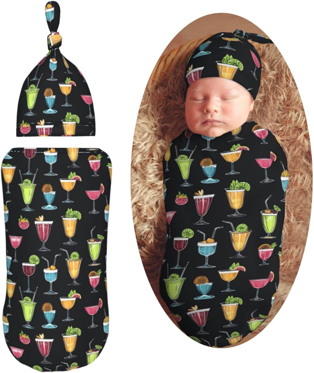 Colorful Tropical Cups Newborn Swaddle Blankets Hat Sets Soft Baby Receiving Blanket Swaddle Sack for Baby Shower Infant Boy Girl Gift