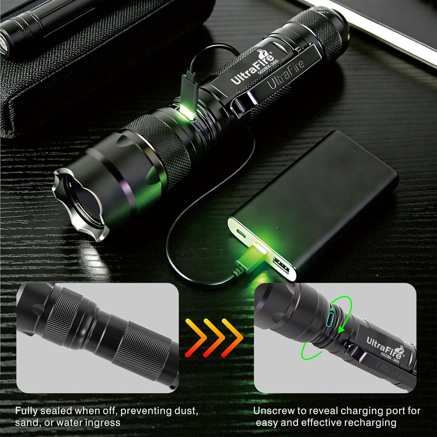 ULTRAFIRE 365nm Rechargeable UV Flashlight with Black Filter Lens for Pet Urine Stain Detection, Finding Scorpion, Rocks and Resin Curing 502BX-365