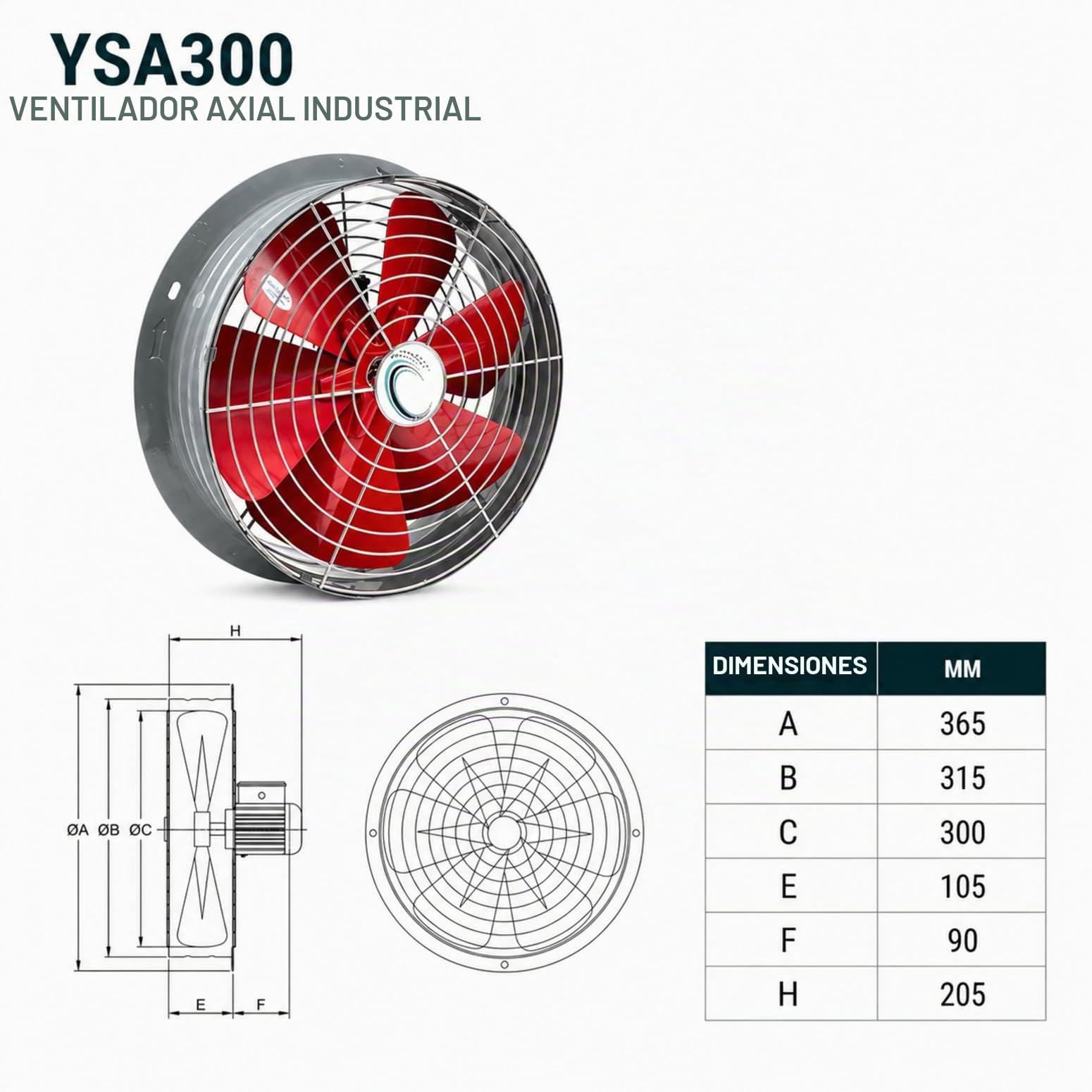 Uzman Ventilador axial industrial para pared o ventana, 300 mm, 350 mm, 400 mm, 450 mm, 500 mm, 550 mm, 600 mm – (YSA300)
