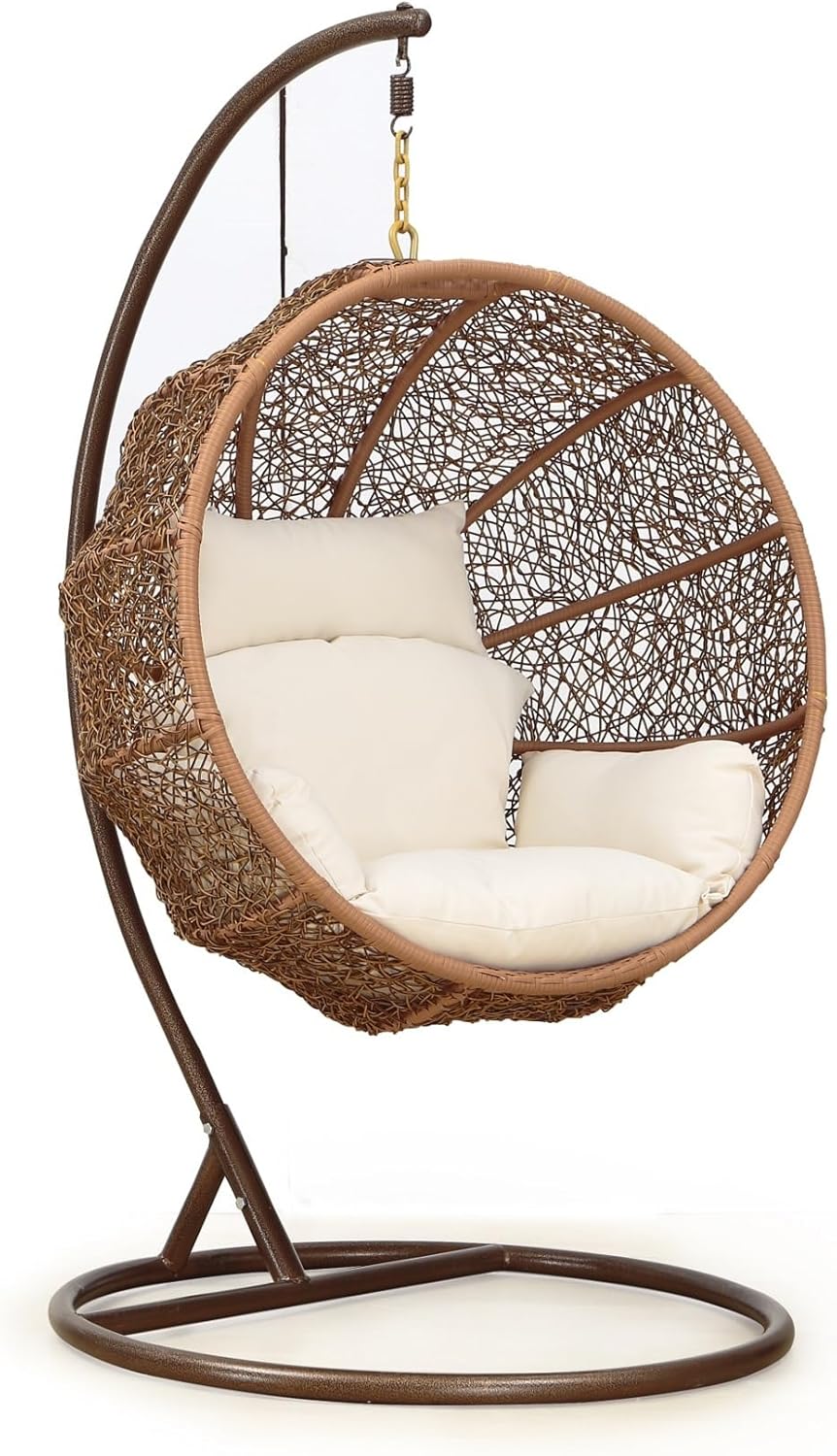 Manhattan Comfort Zolo Egg Patio Swing Chair with Removable Water-Repellent Cushion, All-Weather Metal & Wicker Rattan Hanging Lounge, for Indoor and Outdoor Use, Free-Standing Design, Cream