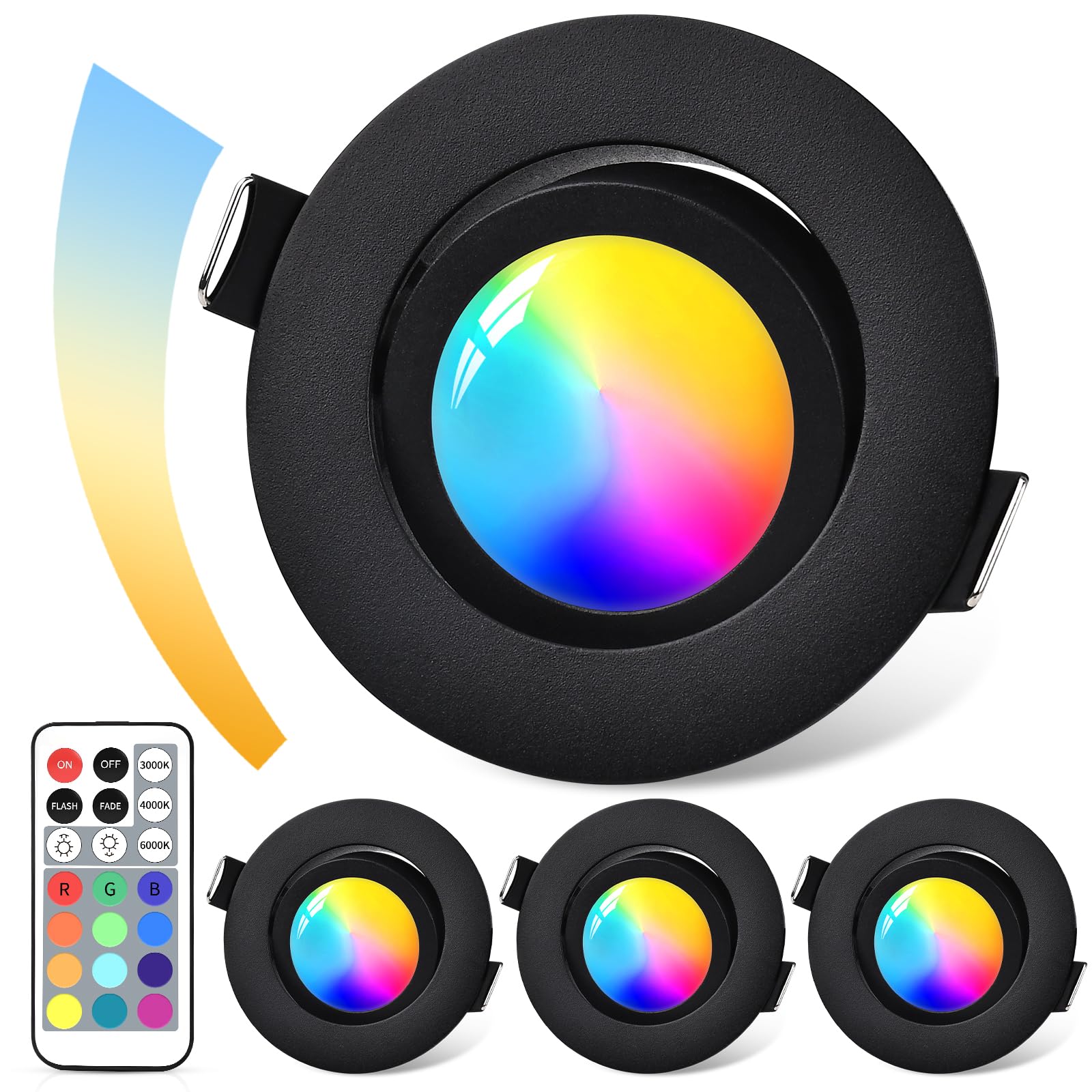 GeyouLux Spot LED Encastrable Dimmable RGB, IP44 Aluminium Spot LED 230V 68mm, 5W 3CCT, Orientables 120°+45° Spots de Plafond Noirs avec Télécommande IR pour Salle de Bain, 4 Pièces