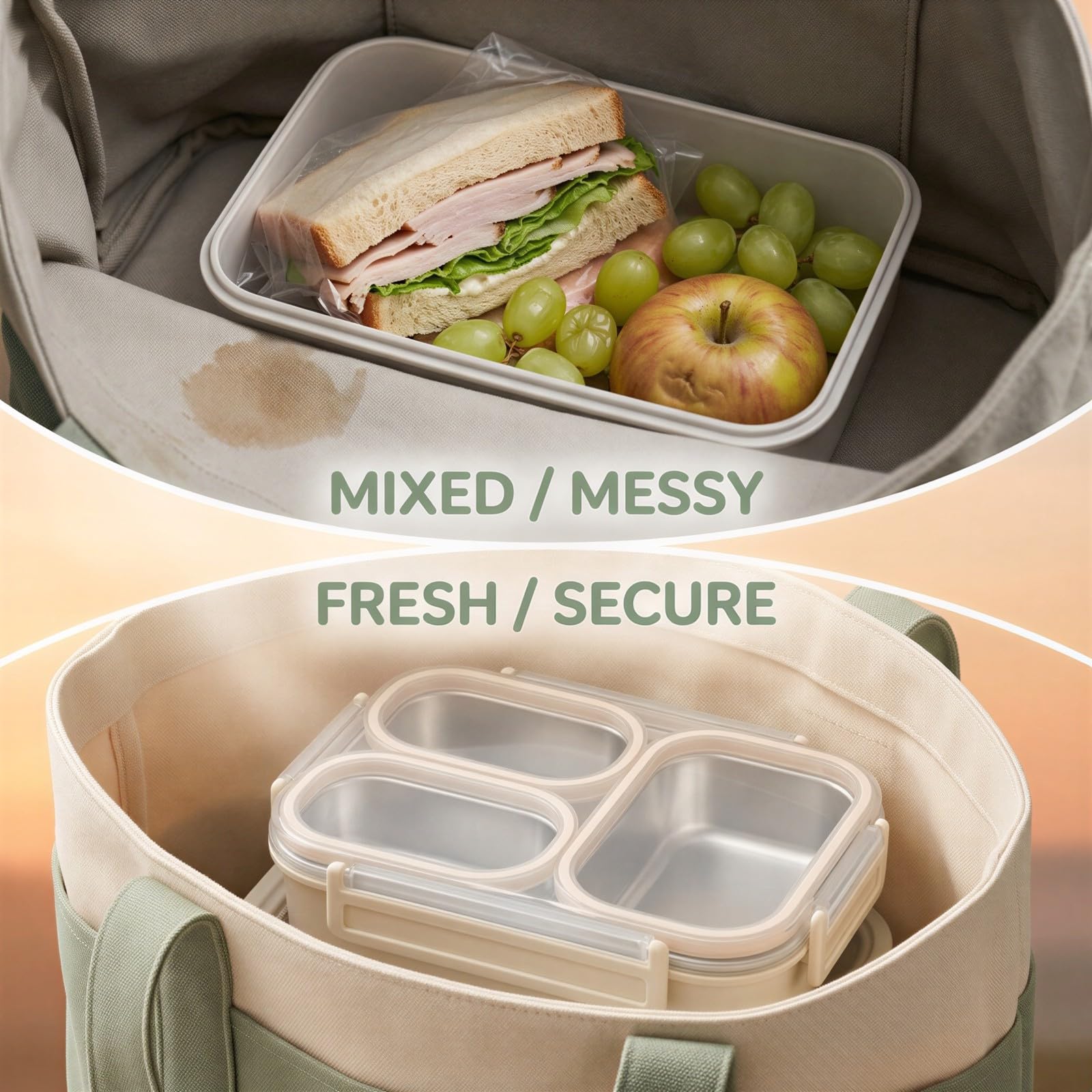 Lunchbox aus 201 Edelstahl in Beige, 3-Fach, auslaufsicherer Food-Container mit PP-Schale und Schnappverschlussdeckel, geeignet für Arbeit, Büro, Meal Prep und unterwegs, ideal für den Alltag