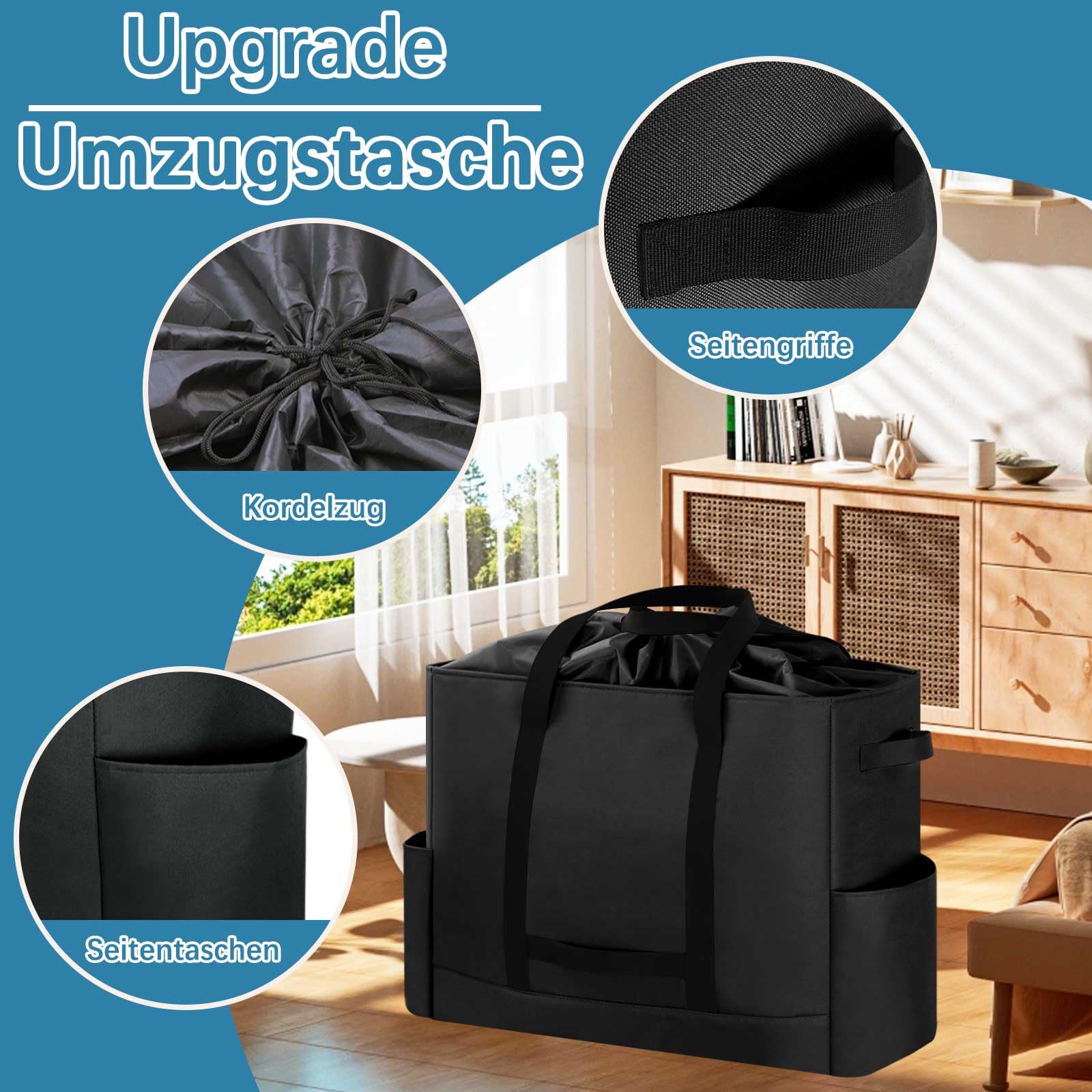 Extra Große Reisetasche, Erweiterbare Wasserdicht Transporttasche, Heavy Duty Tragetasche mit verstärkten Griffen, Faltbare Tote Bag für Reisen, Camping, Sport & Umzugskartons, 60x25.4x50cm