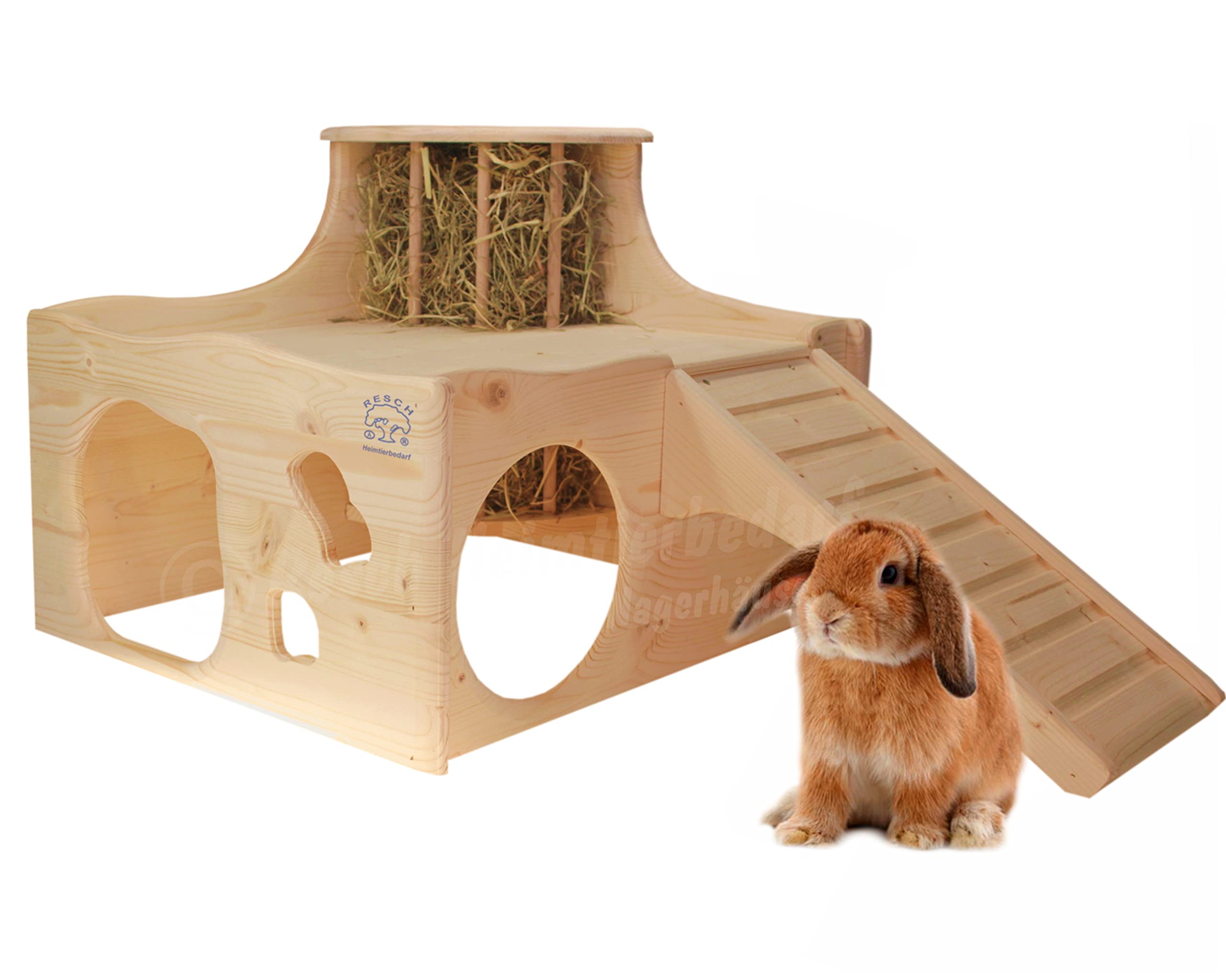 Resch Nr45 Heuburg, Naturbelassenes Massivholz aus Fichte/Mit Einer Zwei Etagen Heuraufe, Zwei Großen EIN-/Ausgängen und Einer Rampe zur Terrasse/Maße: 43,4 x 66,5 x 35cm (LxBxH)