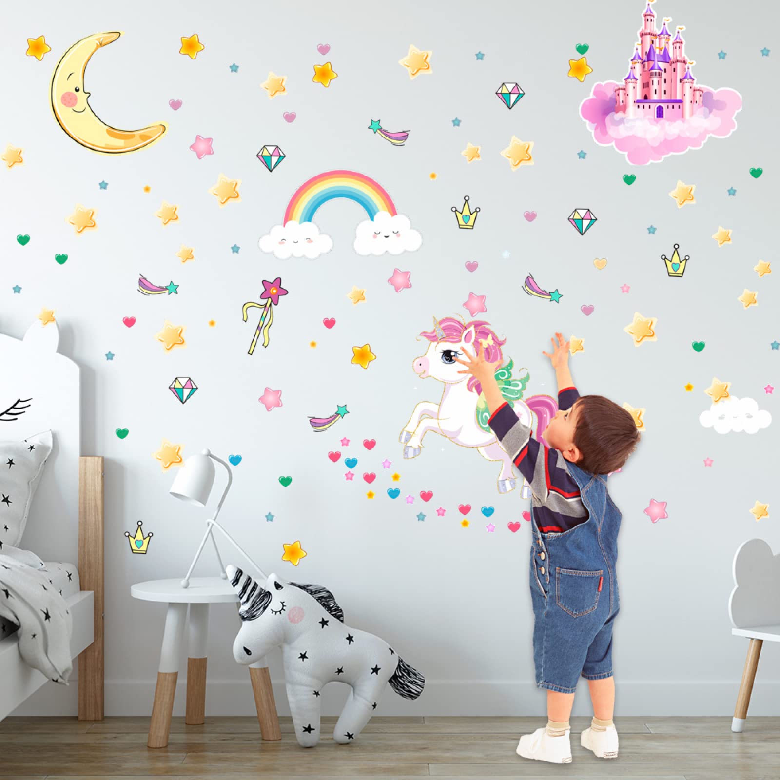 Vinilos de Pared Decorativos Unicornio Moon Rainbow Pegatinas pared Decorativas Stickers Estrellas Fluorescentes para Techo Vinilo Pared DIY Dormitorio Sala de estar Niños niñas Infantil