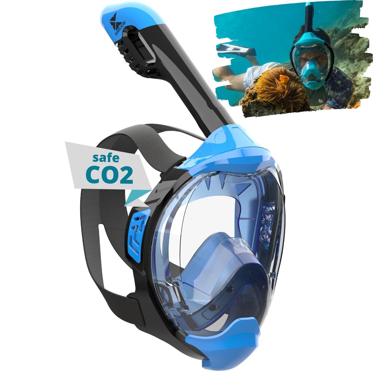 Khroom Full Face Snorkel Mask Adults and Kids 3 + | Certified CO2 Safe | Alternative to Snorkel Set | Snorkelling Equipment - Seaview Y (L/XL Blue)
