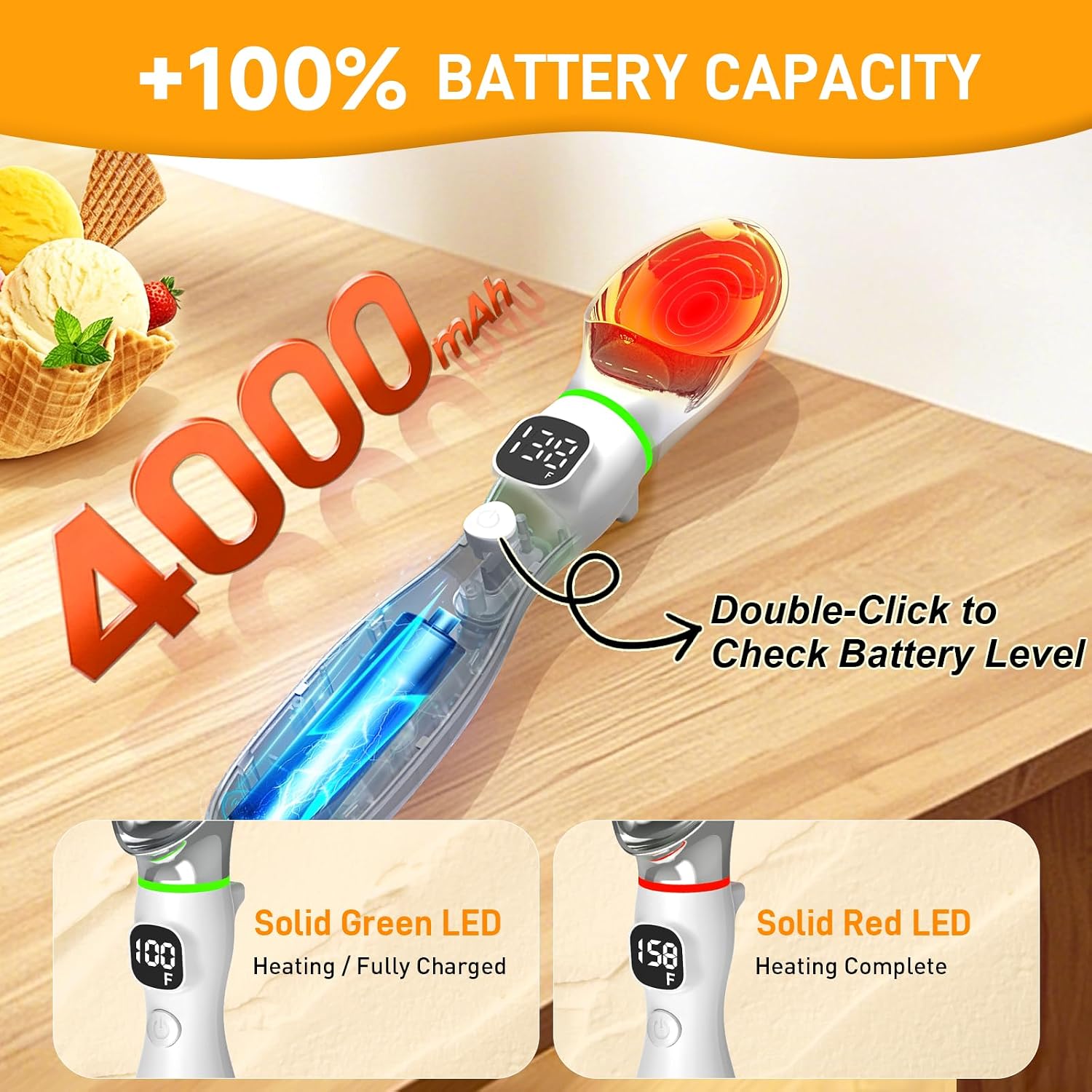 Heated Ice Cream Scoop Rechargeable, 4000mAh Electric Ice Cream Scooper with LED Display & Indicator Light, 3 Heat Levels Easy Scoop for Hard Ice Cream & Gelato, IP67 Waterproof