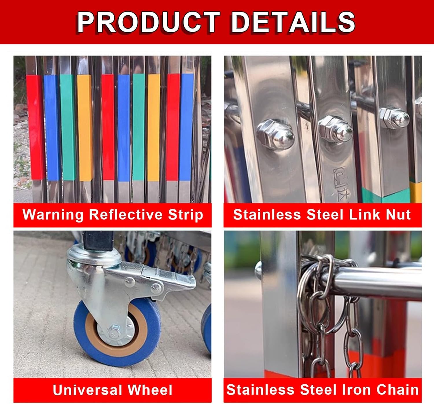 Folding Safety Barricades Stainless Steel Expandable with Casters for School Construction Site Garage Road (3.6x9.8ft)