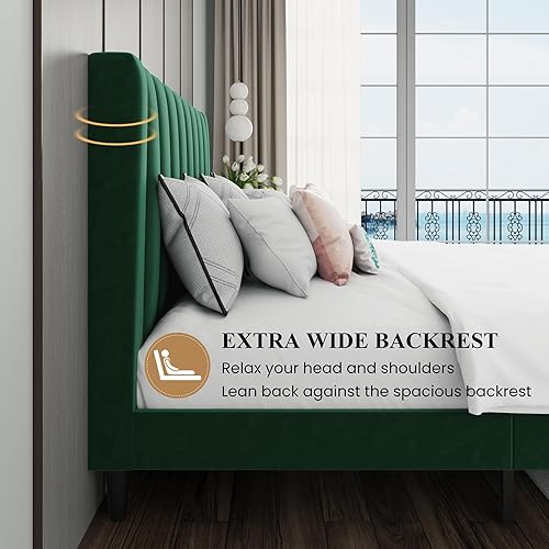 Miniatura 45 de SHA CERLIN Marco de cama matrimonial/plataforma tapizada de terciopelo con cabecero, soporte de listones de madera resistente, base de colchón, no