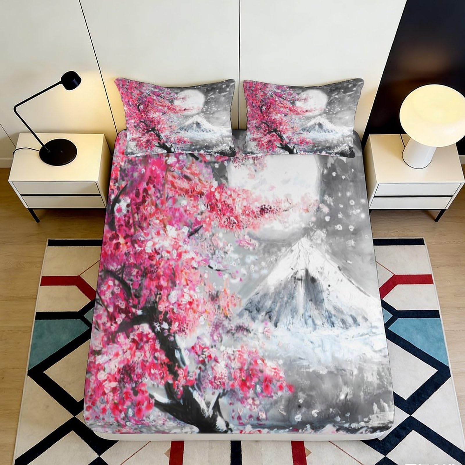 3D Printed Sakura Cherry Blossom Fitted Sheet Microfiber Soft Breathable Mountain Landscape Bed Cover for Bedroom Guestroom 90x200x25cm