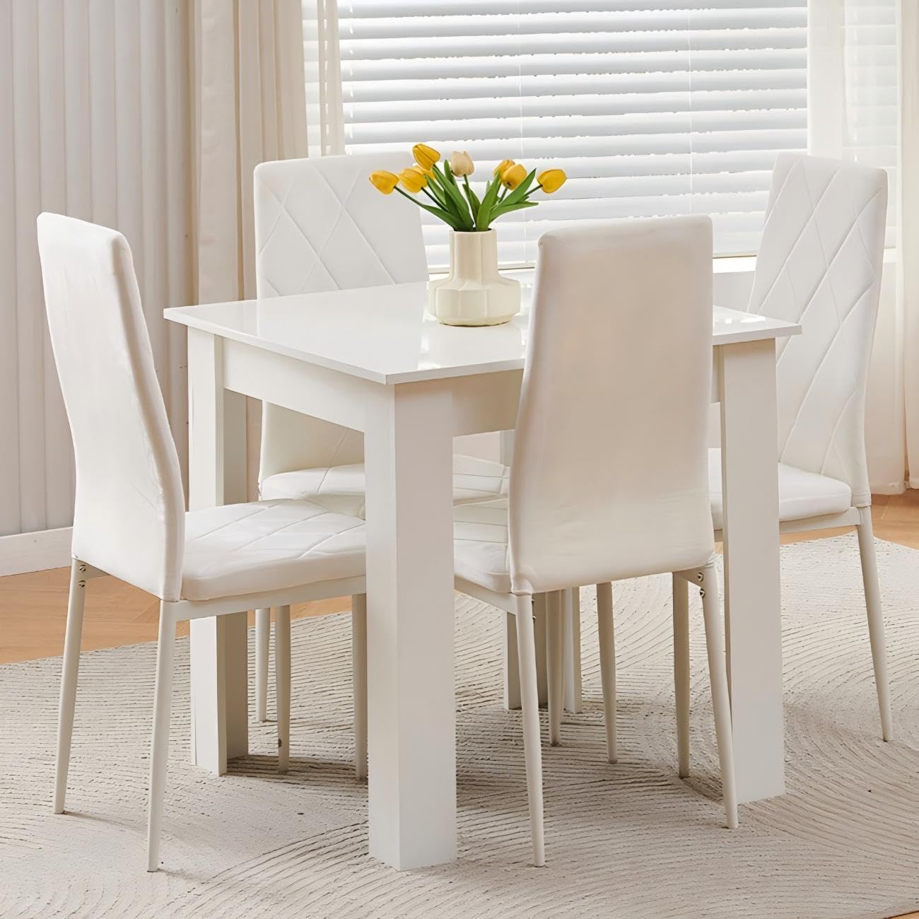 Homullel 75x75 cm Small Dining Table and 4 Chairs, 4 Seater Table and Chairs Set Kitchen Dining Room Set for 4, Compact, Space Saving, Wooden, Glossing Tabletop White (4 Seats, Flannel White #2)