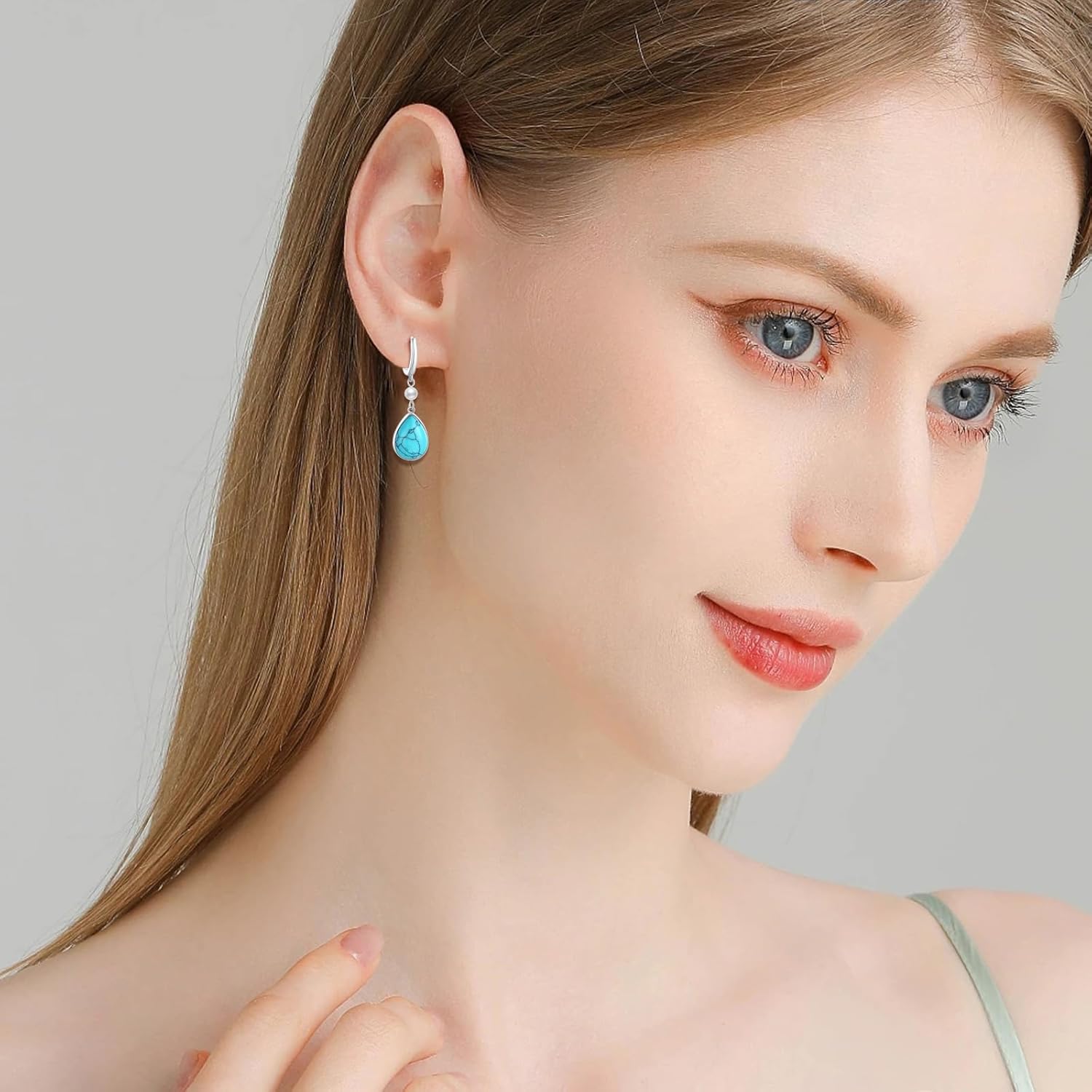 Turquoise Dangle Earrings, Rectangle Turquoise Leverback Earrings S925 Sterling Silver Gemstone Earrings Jewelry for Women